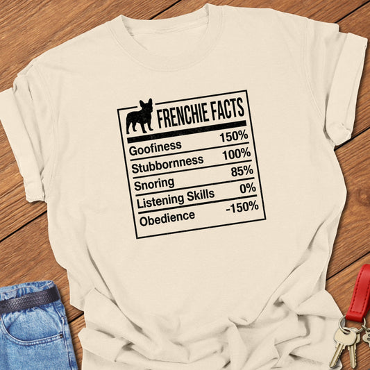 French bulldog “Frenchie Facts” humorous typography chart graphic printed on ivory Comfort Colors t-shirt