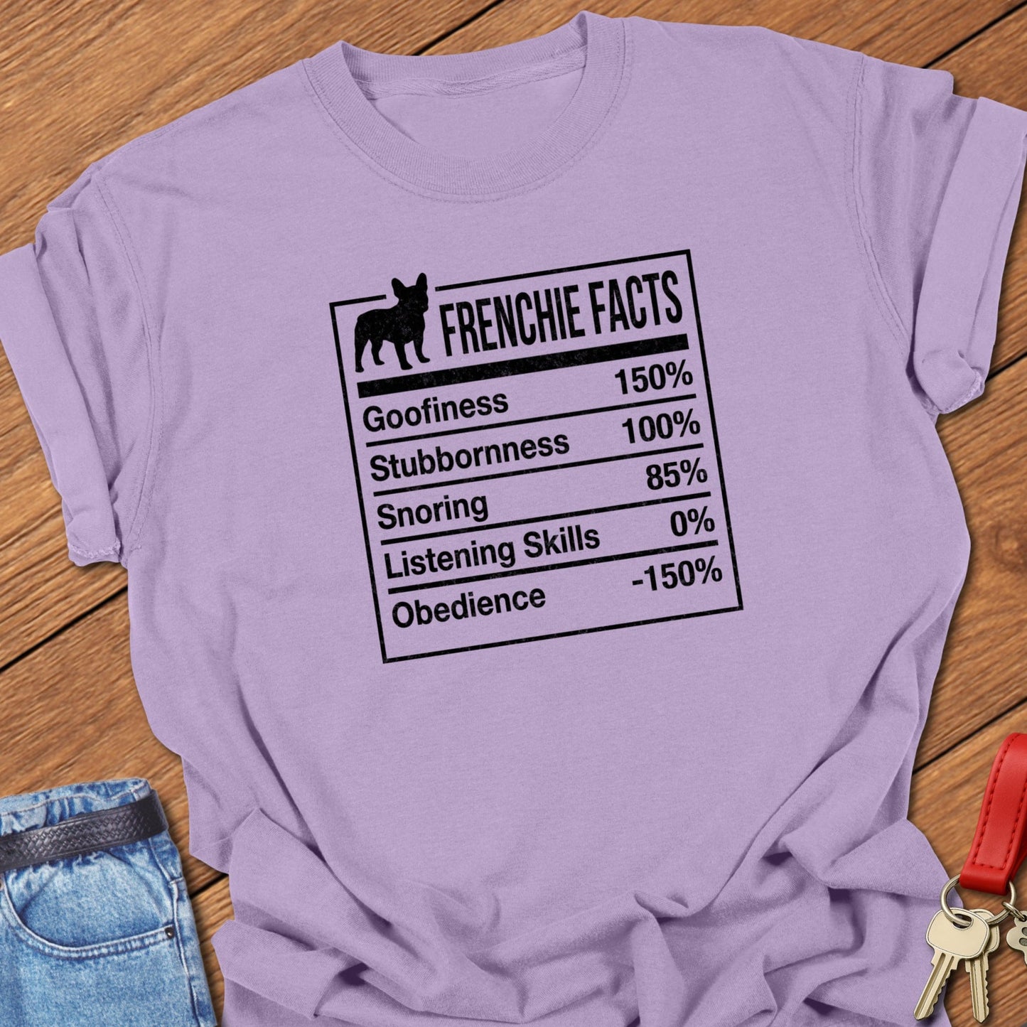 French bulldog “Frenchie Facts” humorous typography chart graphic printed on orchid Comfort Colors t-shirt