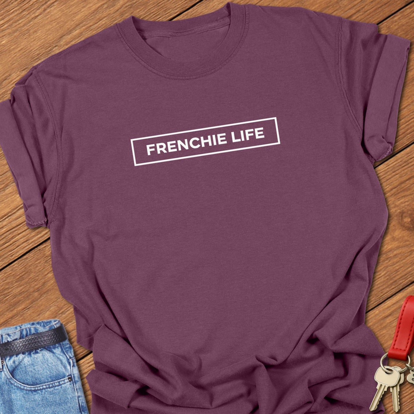 French bulldog frenchie life text graphic printed on moss Comfort Colors t shirt.