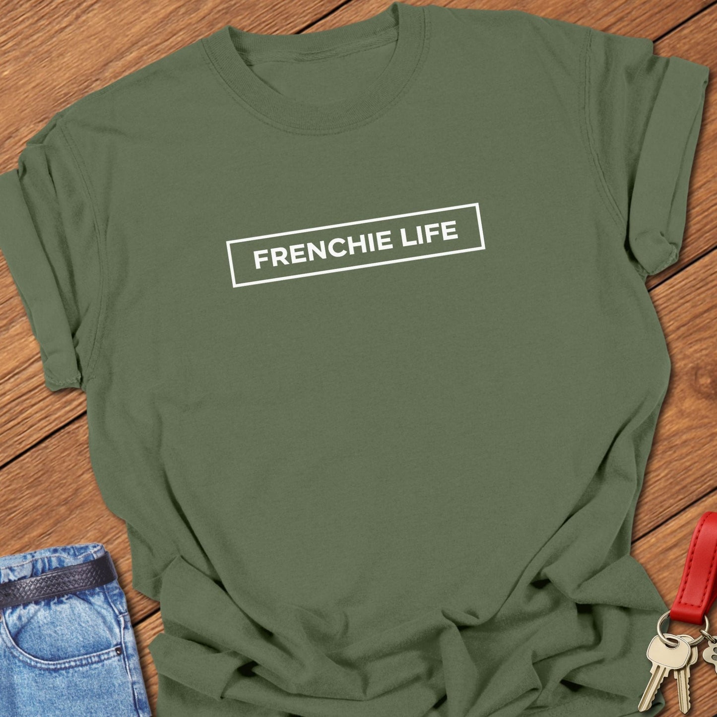 French bulldog frenchie life text graphic printed on navy Comfort Colors t shirt.