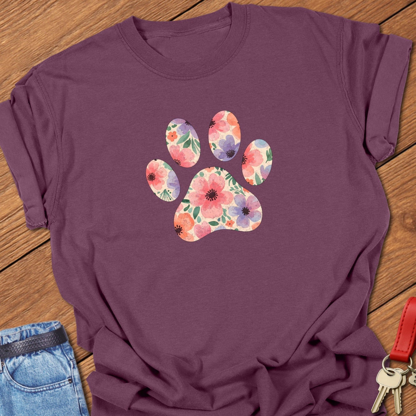 French bulldog floral paw print design printed on berry Comfort Colors t shirt