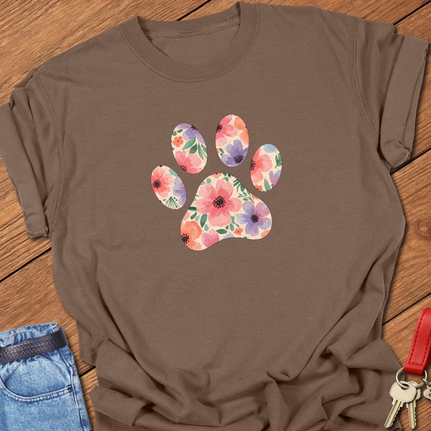 French bulldog floral paw print design printed on espresso Comfort Colors t shirt