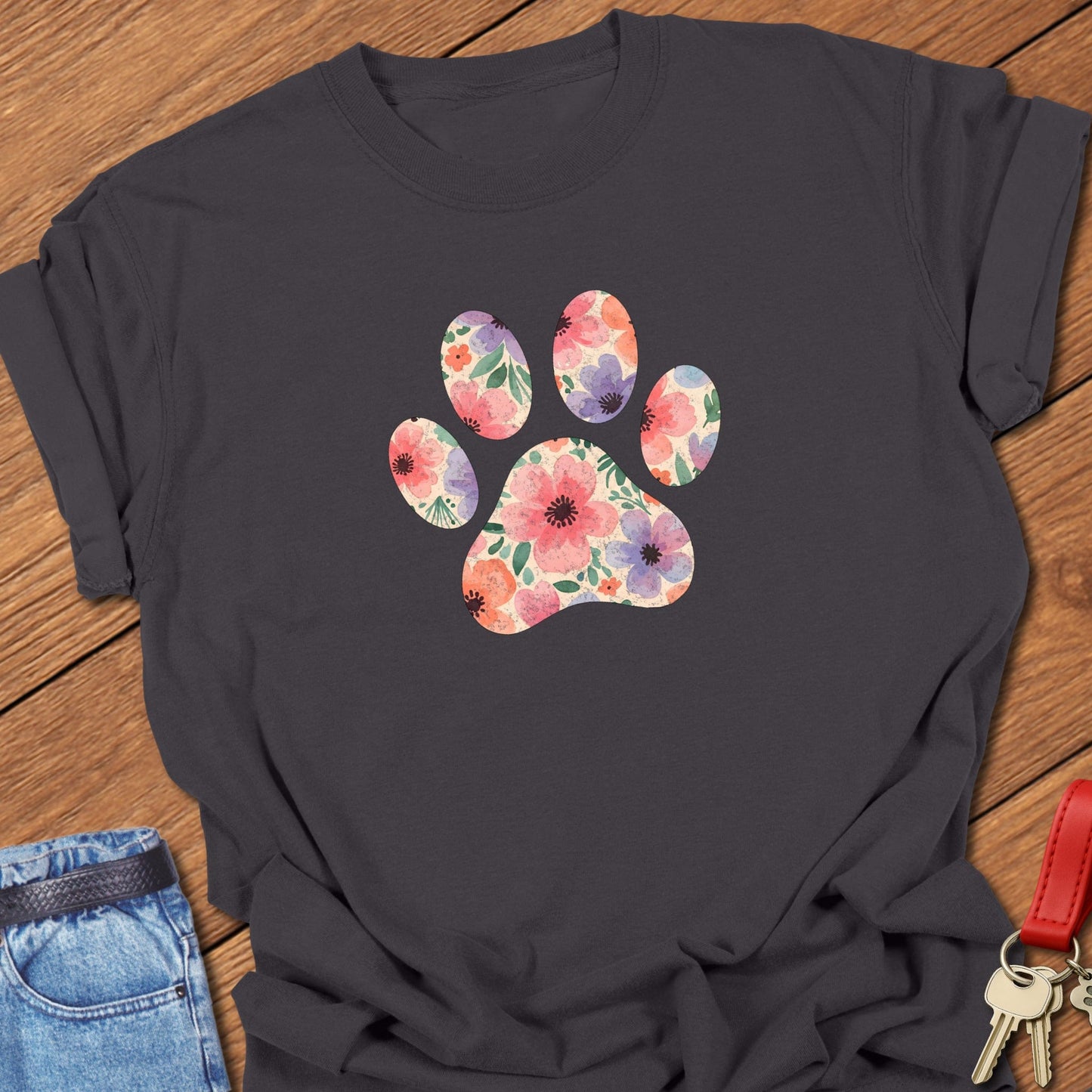 French bulldog floral paw print design printed on graphite Comfort Colors t shirt