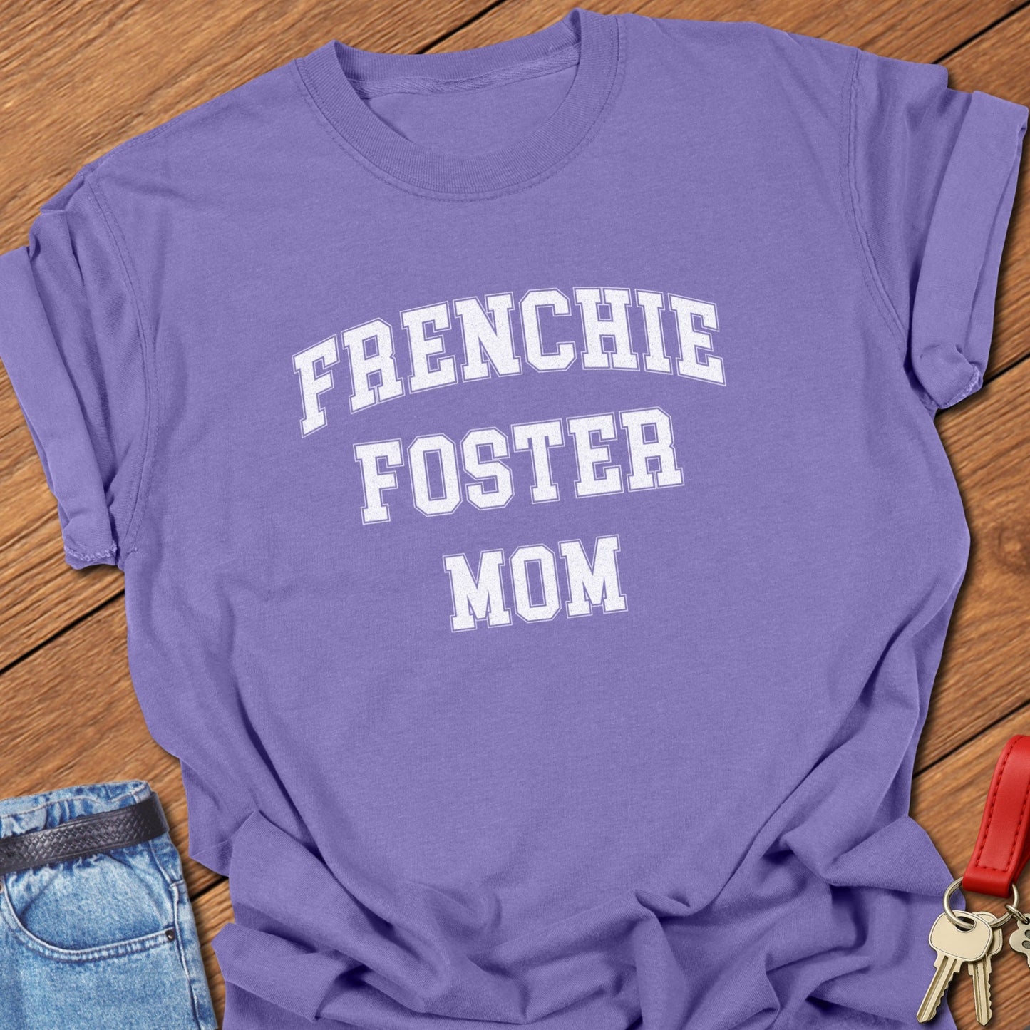 French bulldog foster mom varsity-style distressed typography printed on grape Comfort Colors t shirt