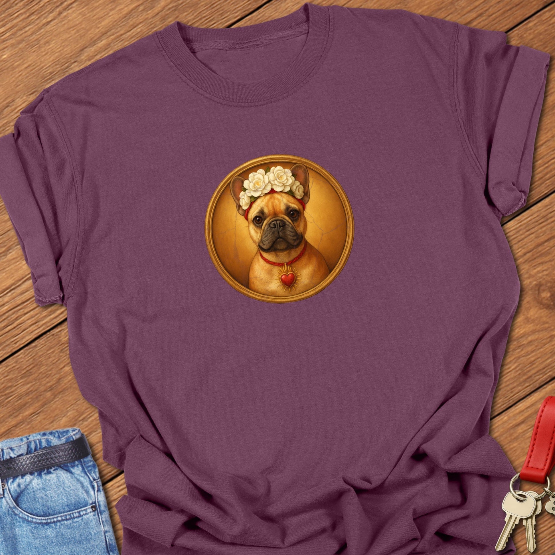 French bulldog vintage portrait medallion design with a floral crown and heart detail printed on berry Comfort Colors t shirt