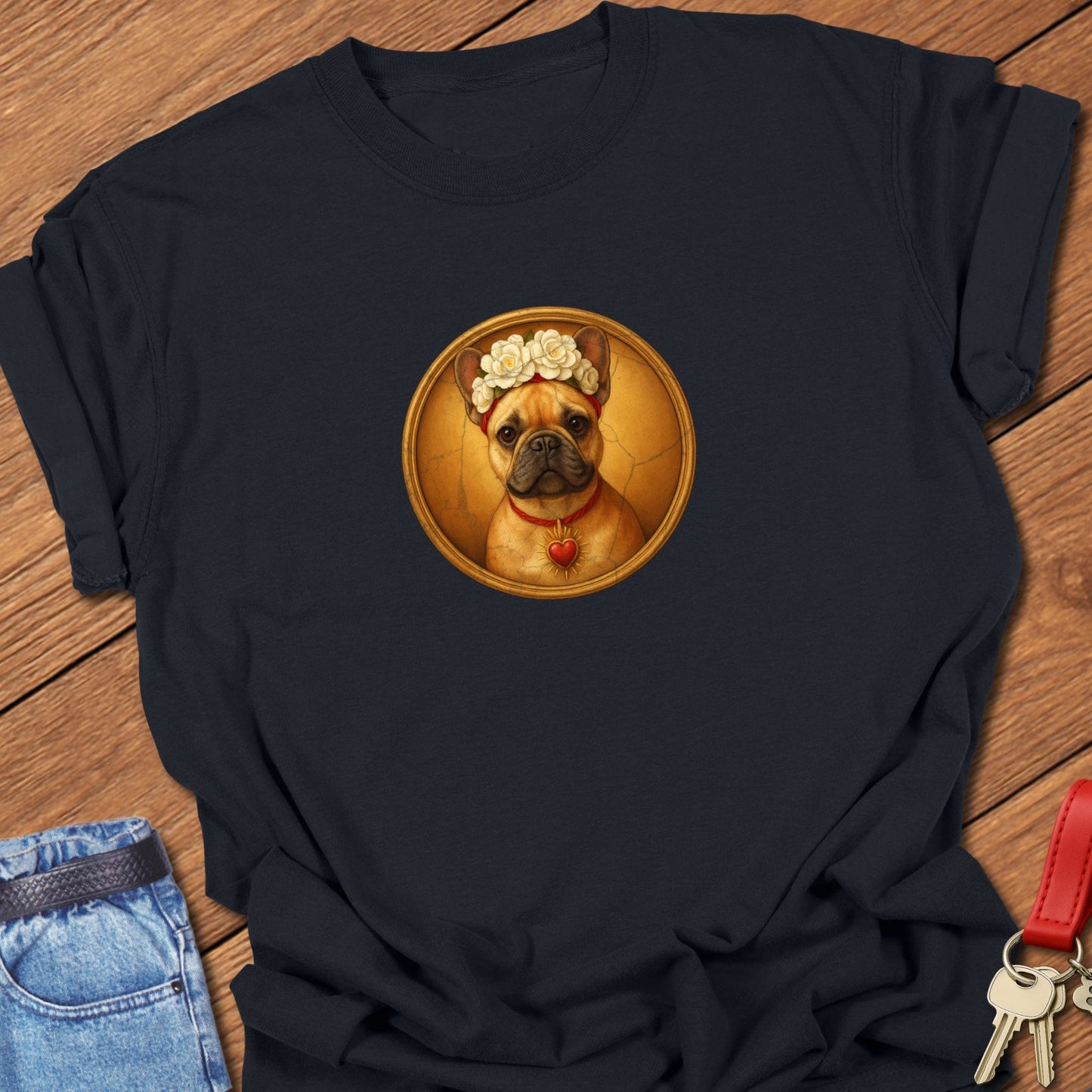 French bulldog vintage portrait medallion design with a floral crown and heart detail printed on black Comfort Colors t shirt