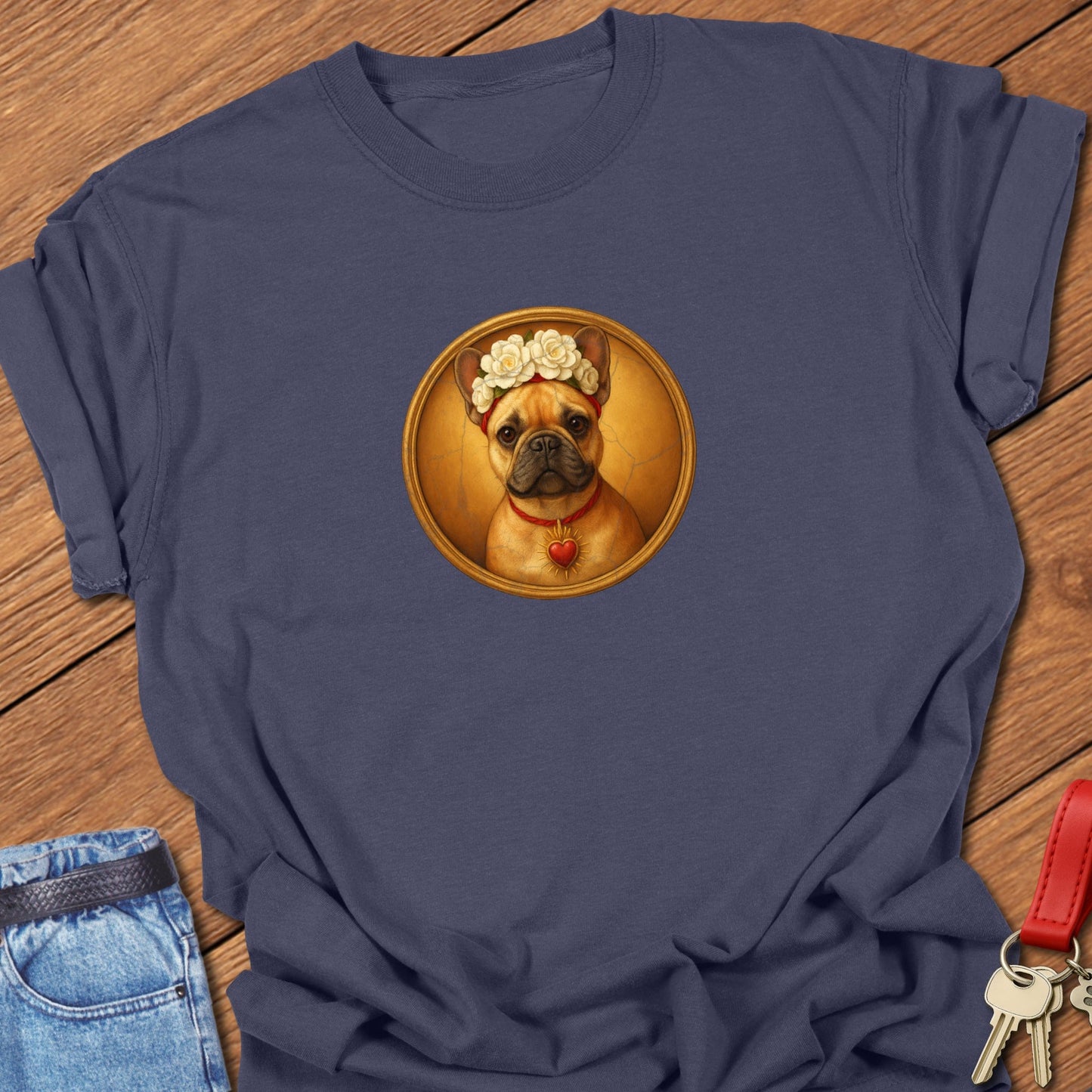 French bulldog vintage portrait medallion design with a floral crown and heart detail printed on pepper Comfort Colors t shirt