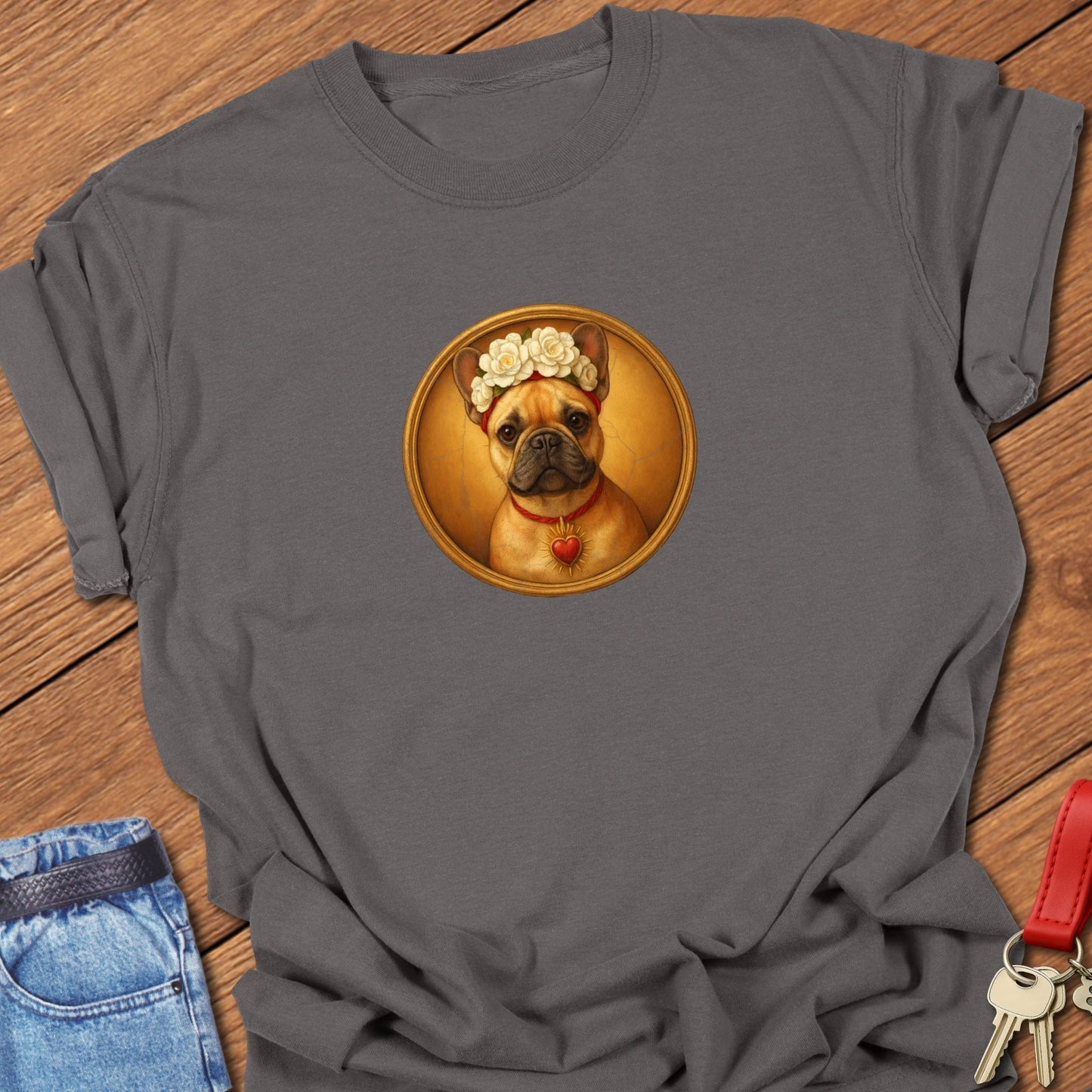 French bulldog vintage portrait medallion design with a floral crown and heart detail printed on espresso Comfort Colors t shirt