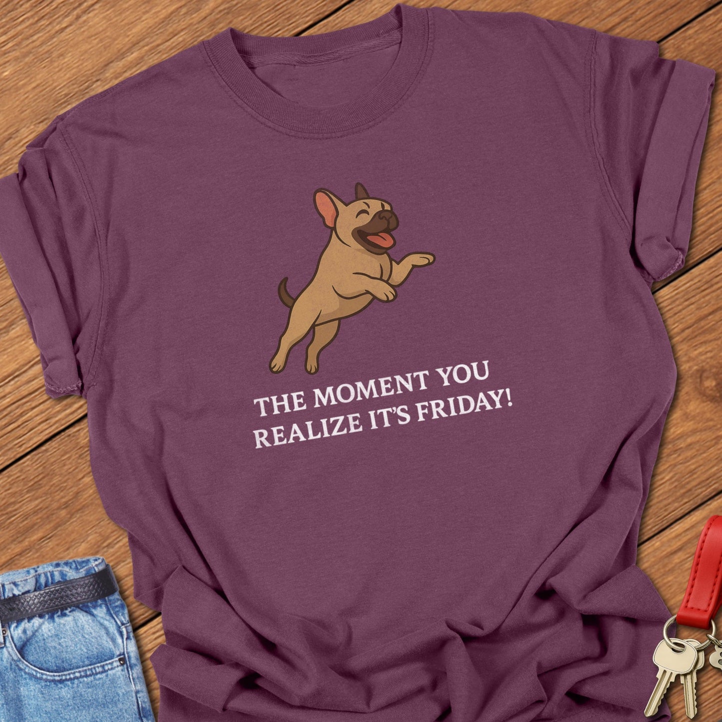 French bulldog happy weekend cartoon graphic printed on berry Comfort Colors t shirt