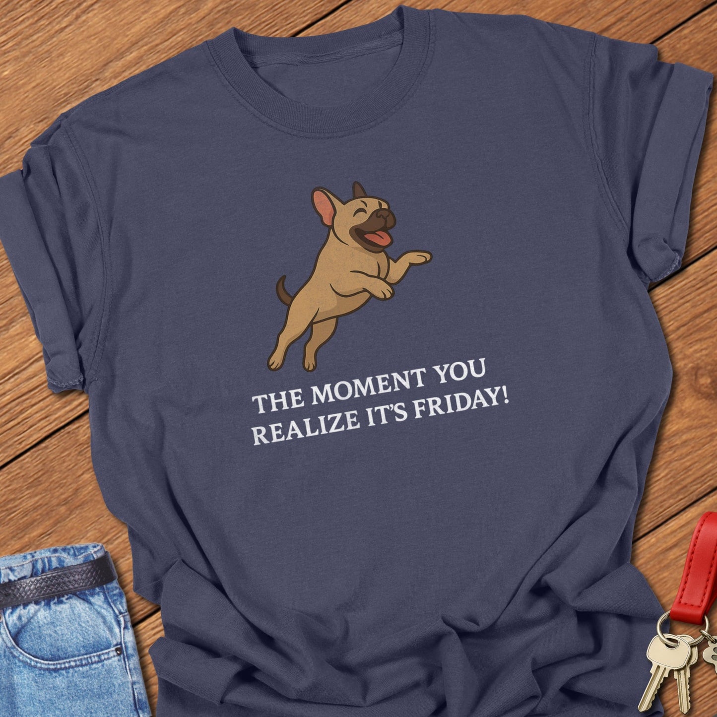 French bulldog playful Friday excitement illustration printed on navy Comfort Colors t shirt
