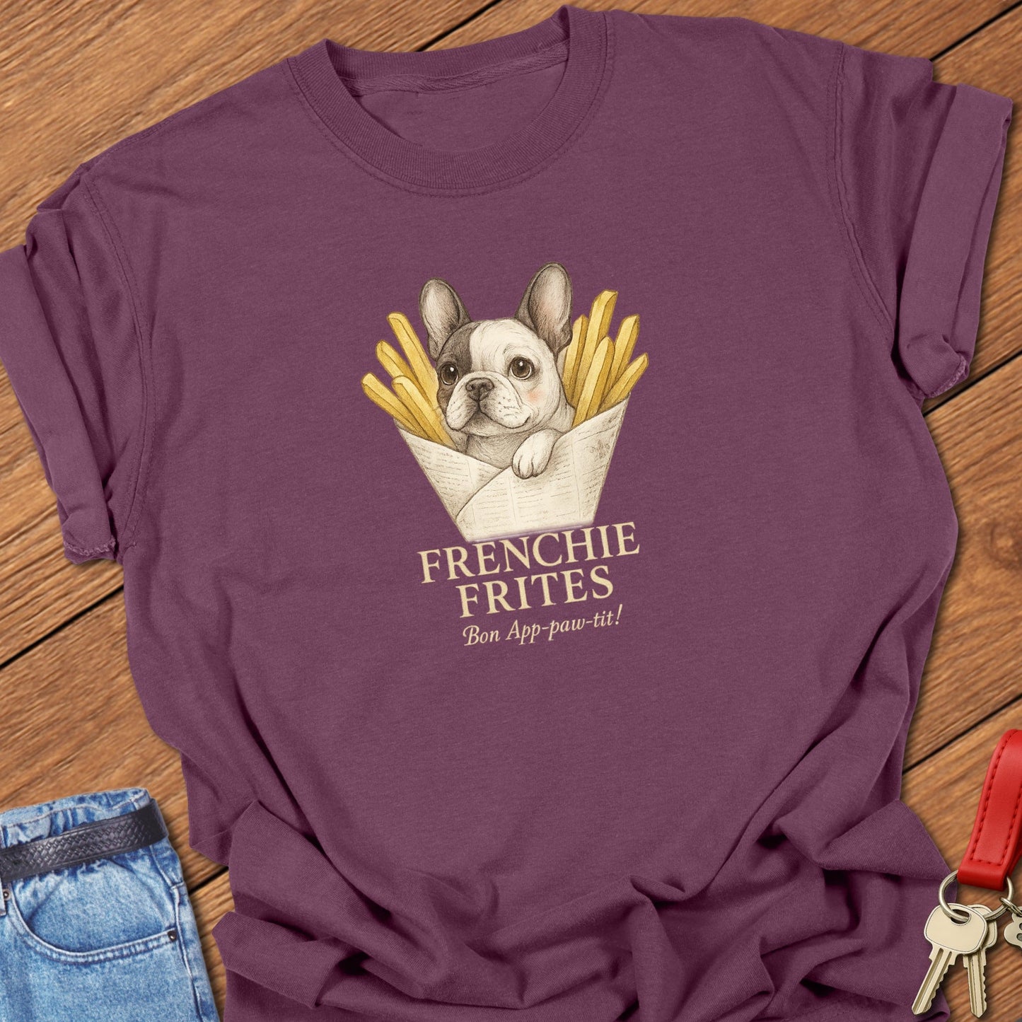 French bulldog puppy in french fries illustration printed on berry Comfort Colors t shirt