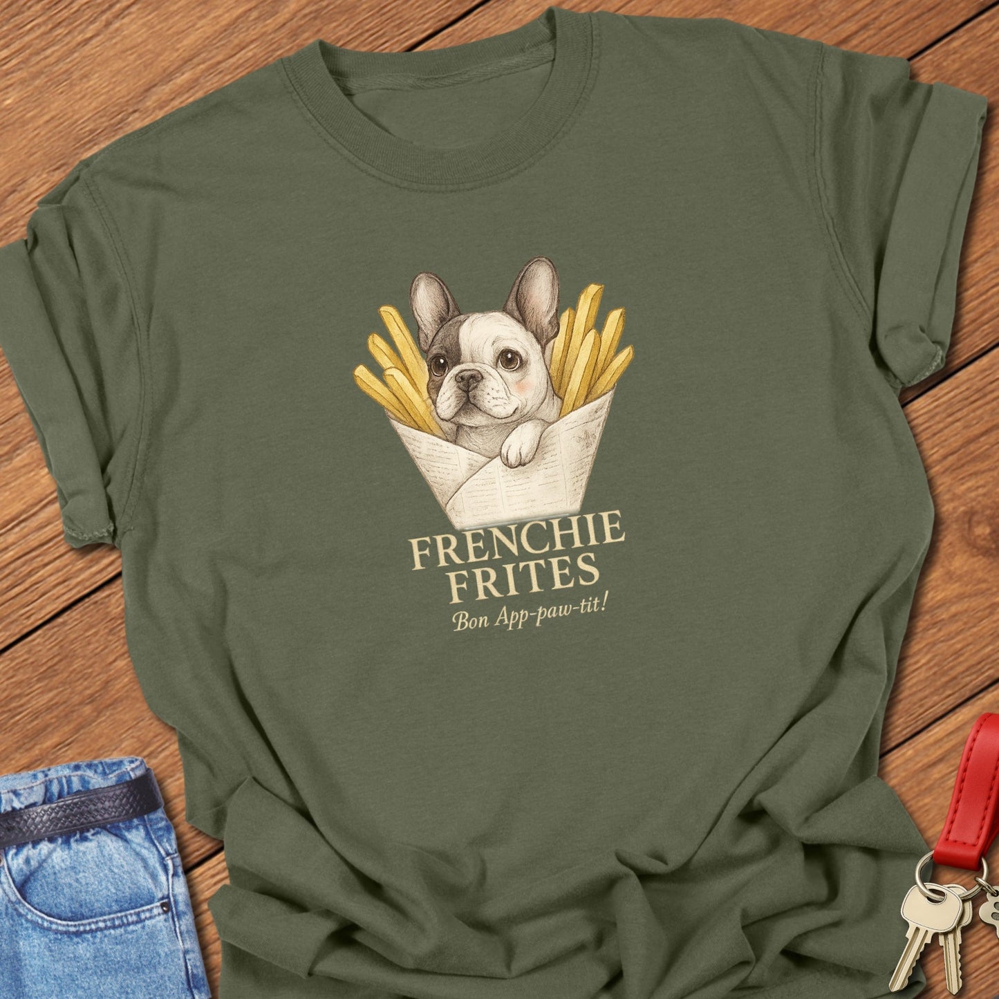 French bulldog puppy in french fries illustration printed on hemp Comfort Colors t shirt