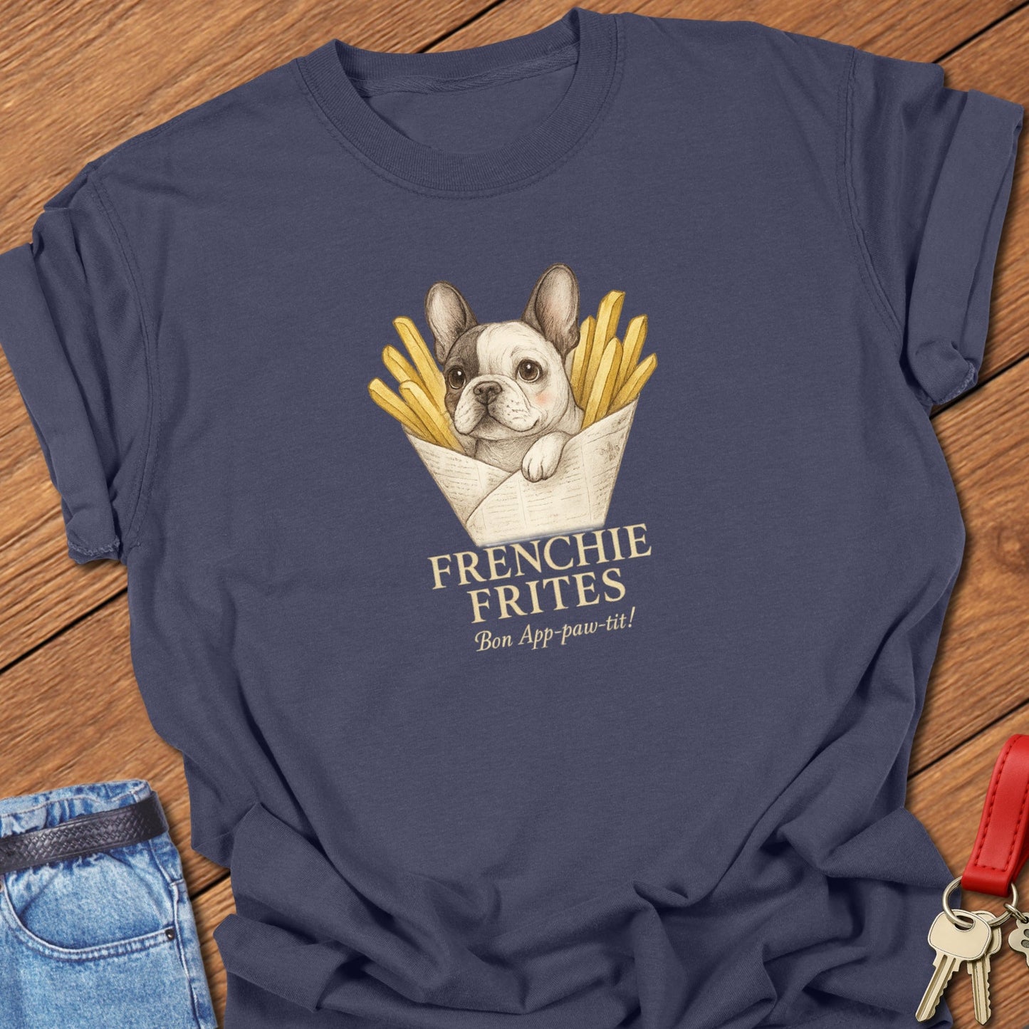 French bulldog puppy in french fries illustration printed on navy Comfort Colors t shirt
