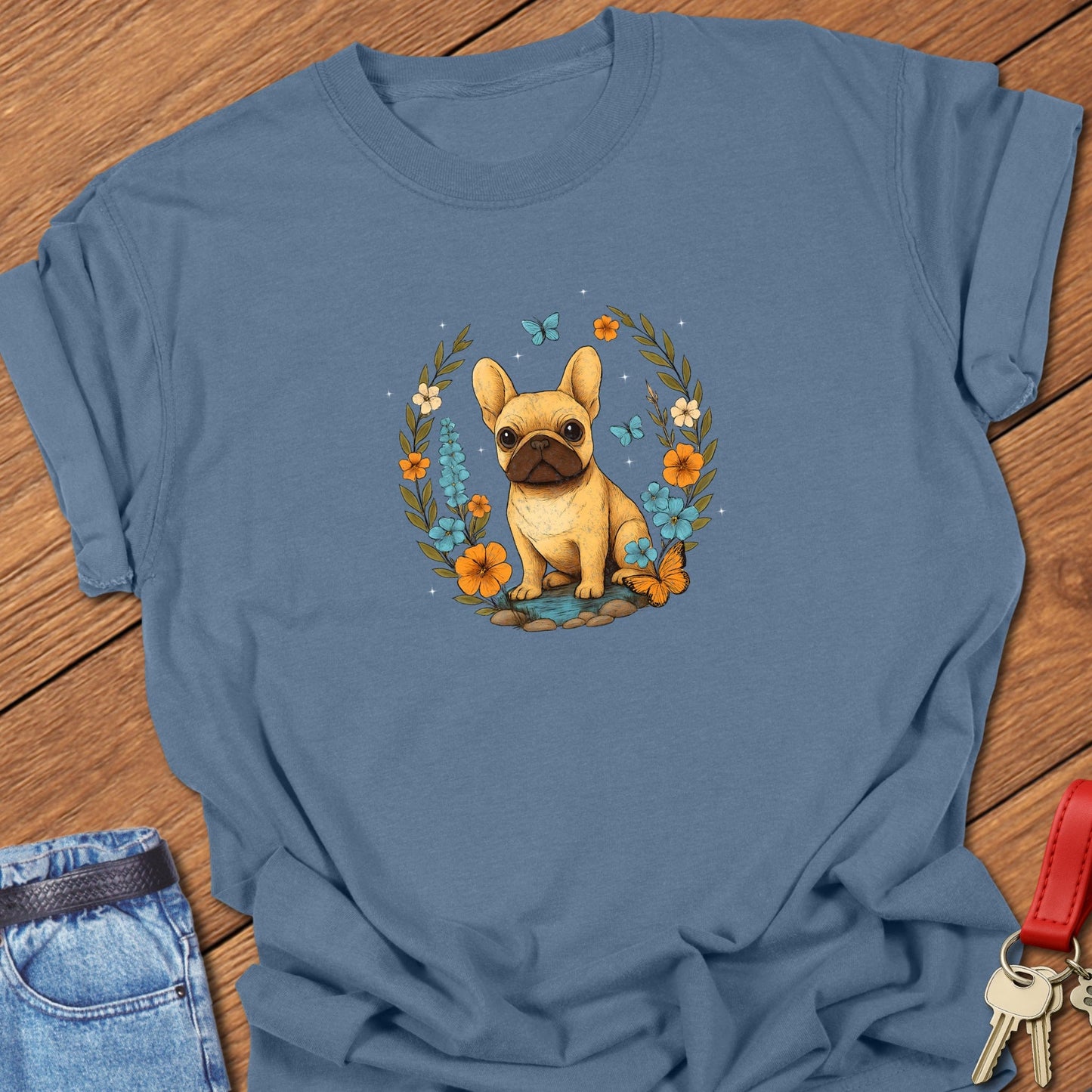 French bulldog floral wreath illustration with butterflies and wildflowers printed on blue jean Comfort Colors t shirt