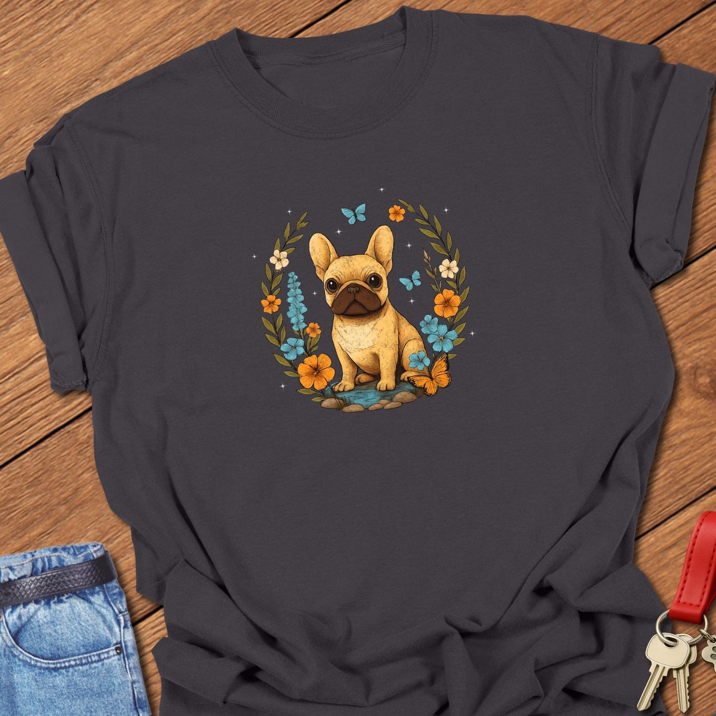 French bulldog floral wreath illustration with butterflies and wildflowers printed on graphite Comfort Colors t shirt