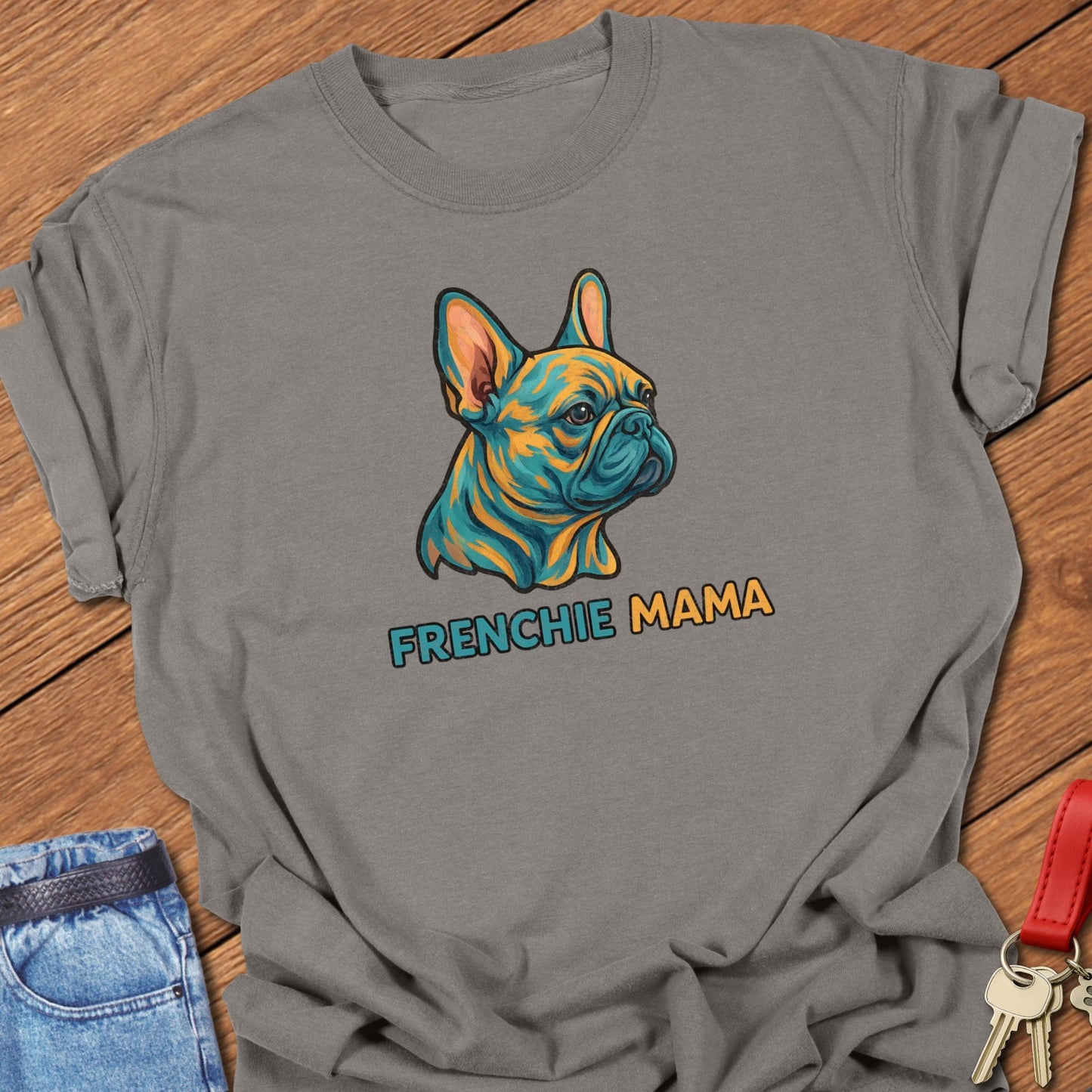 French bulldog colorful illustrated head with bold “Frenchie Mama” text printed on grey Comfort Colors t shirt