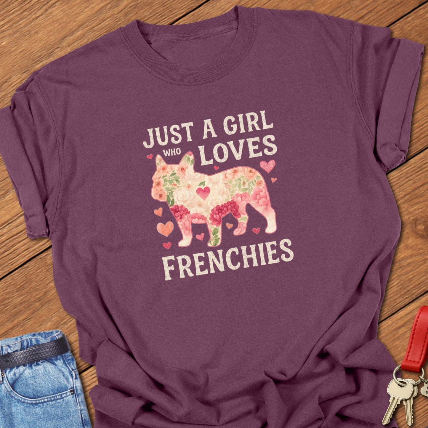 French bulldog floral silhouette with “Just a Girl Who Loves Frenchies” typography printed on berry Comfort Colors t shirt