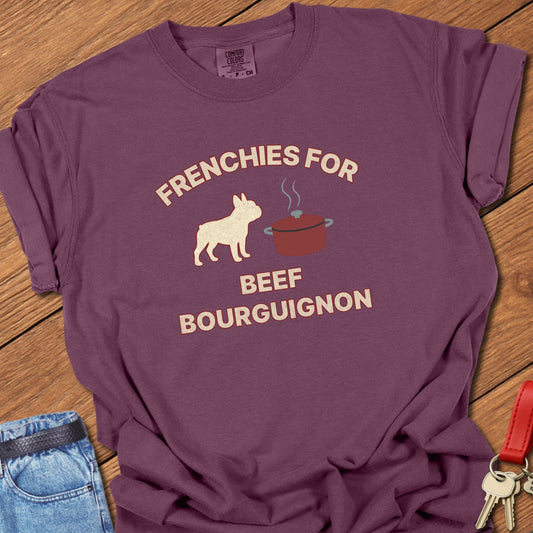 French bulldog humorous French cooking illustration with beef bourguignon pot graphic printed on berry Comfort Colors t shirt