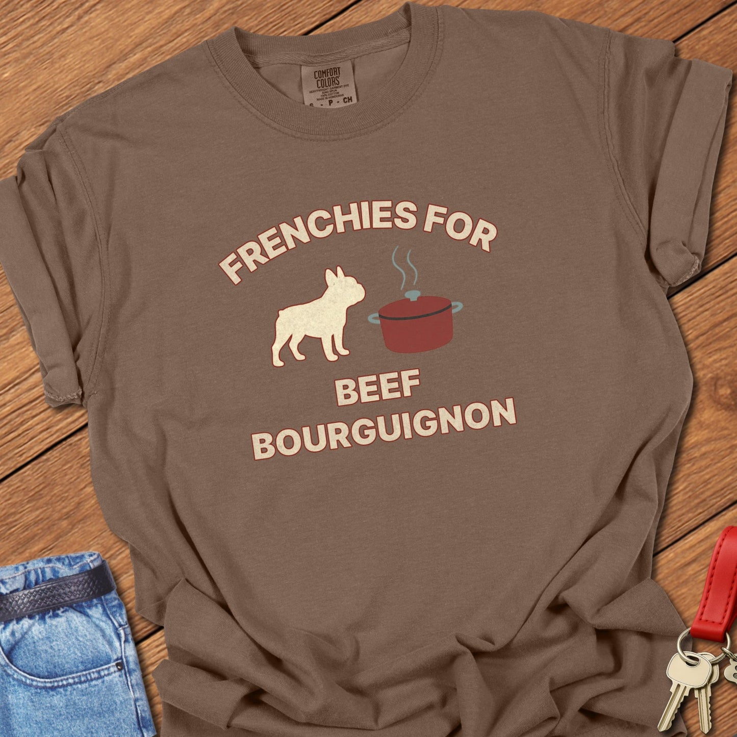 French bulldog humorous French cooking illustration with beef bourguignon pot graphic printed on espresso Comfort Colors t shirt