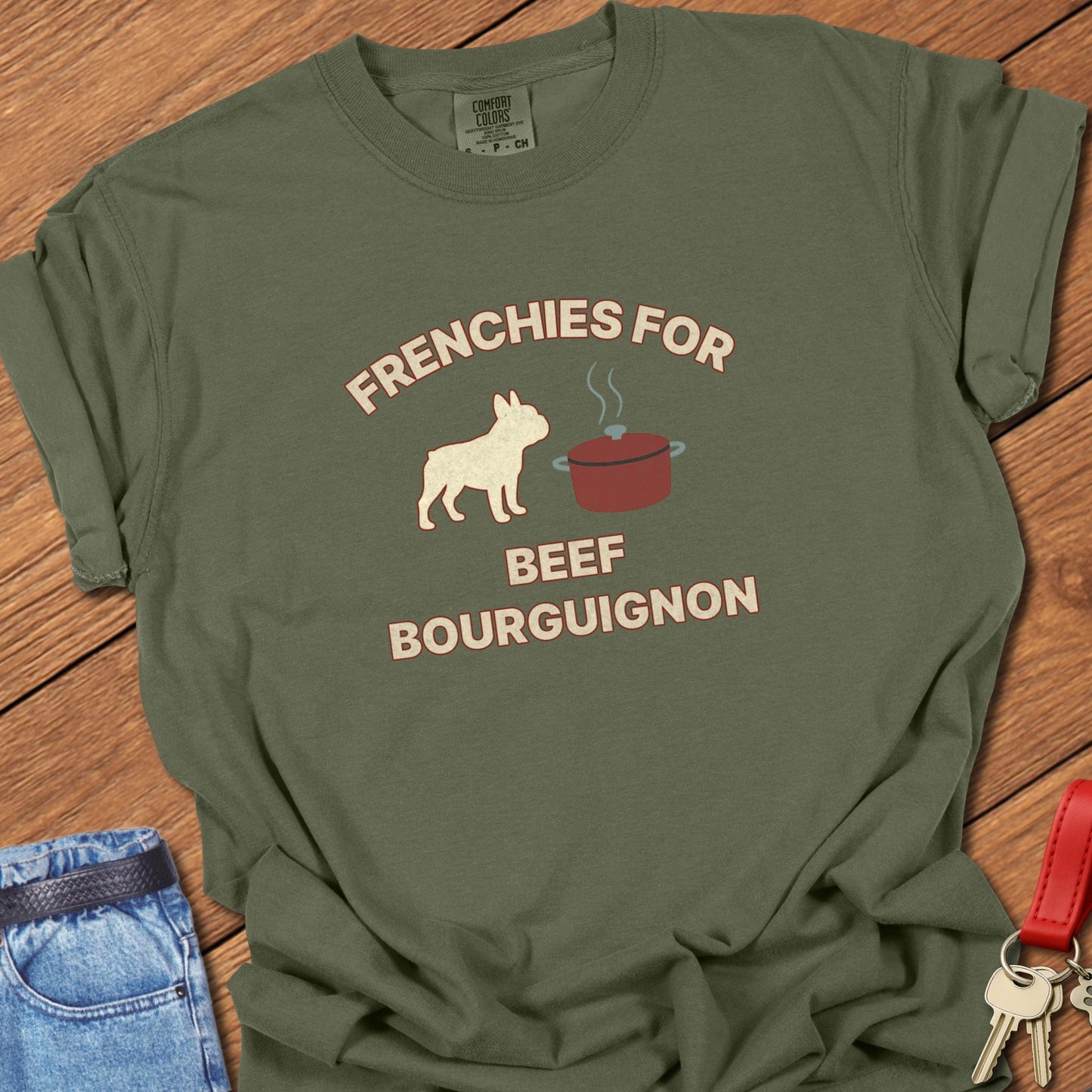 French bulldog humorous French cooking illustration with beef bourguignon pot graphic printed on hemp Comfort Colors t shirt