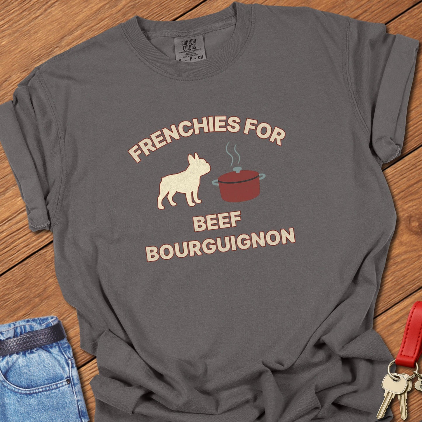 French bulldog humorous French cooking illustration with beef bourguignon pot graphic printed on pepper Comfort Colors t shirt