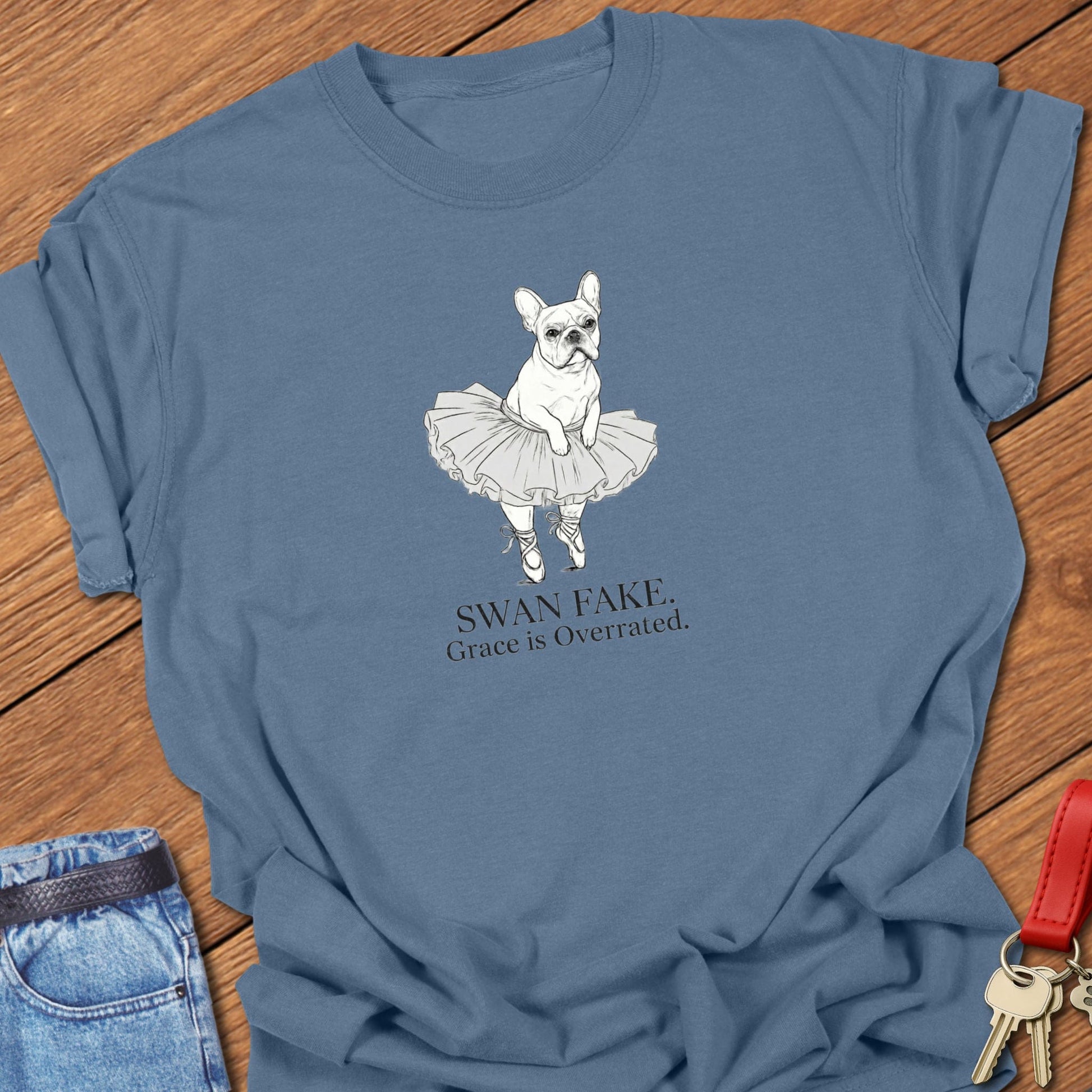 French bulldog ballerina illustration printed on blue jean Comfort Colors t shirt