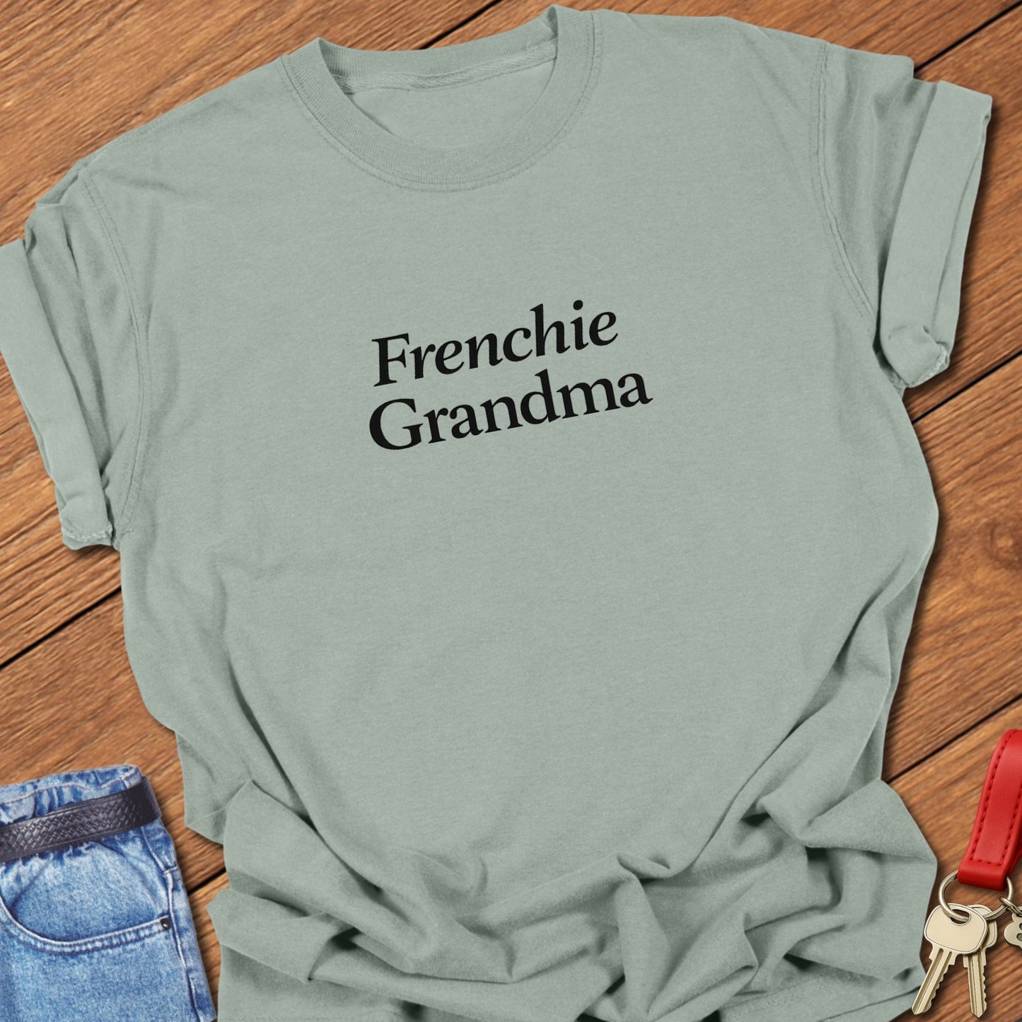Frenchie Grandma t-shirt with minimalist black typography printed on Comfort Colors orchid garment dyed shirt in Bay.

