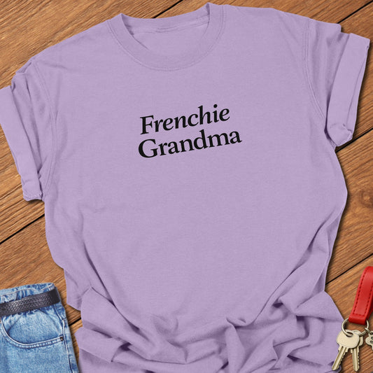 Frenchie Grandma t-shirt with minimalist black typography printed on Comfort Colors orchid garment dyed shirt in Orchid.