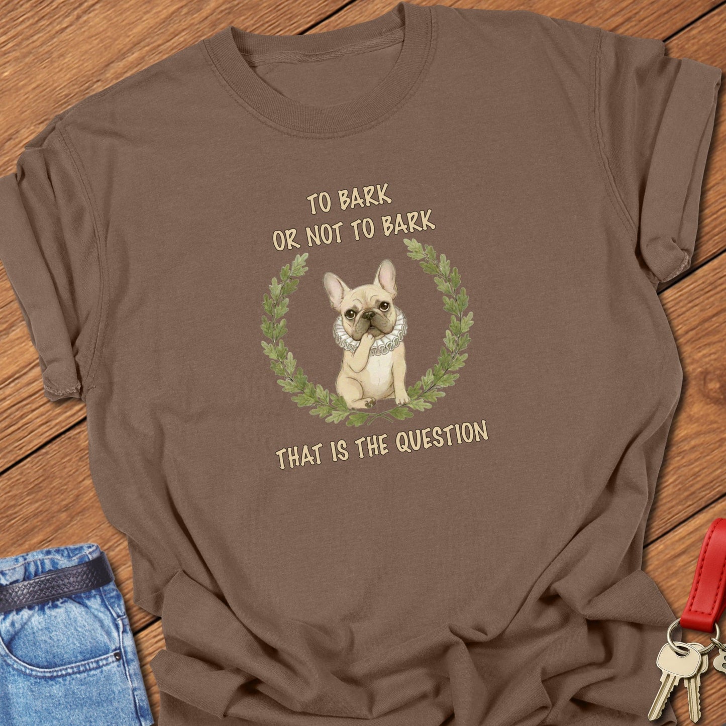French bulldog Shakespeare-inspired laurel wreath illustration with “To Bark or Not to Bark” quote printed on berry Comfort Colors t shirt.