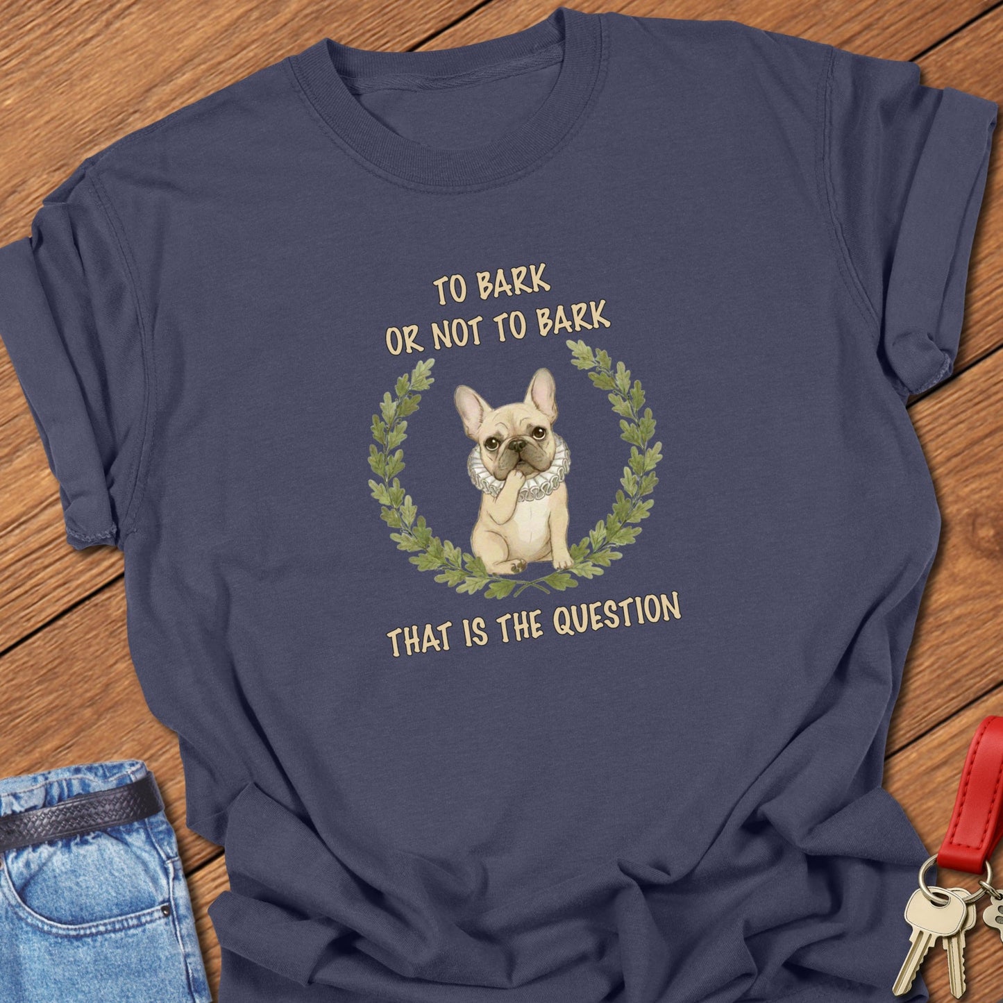 French bulldog Shakespeare-inspired laurel wreath illustration with “To Bark or Not to Bark” quote printed on espresso Comfort Colors t shirt.