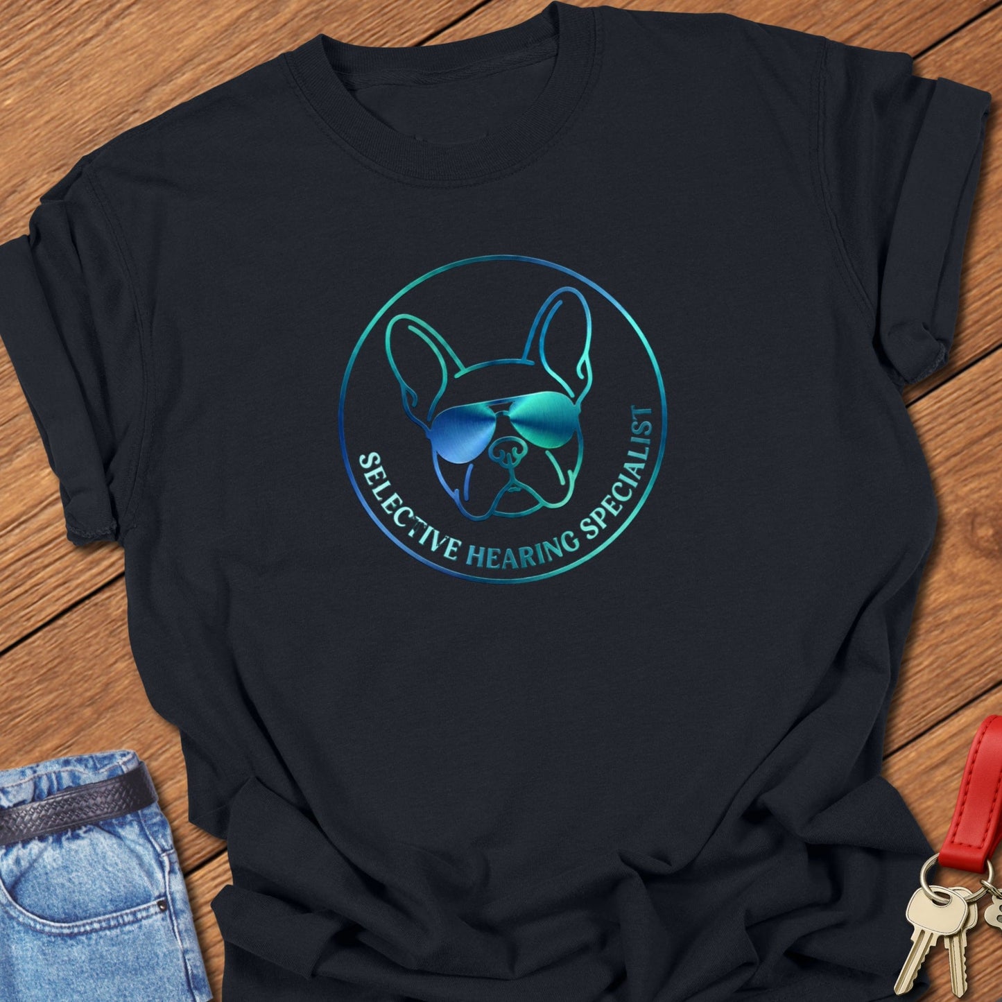 French bulldog neon line art logo with sunglasses and “Selective Hearing Specialist” text printed on black Comfort Colors t shirt