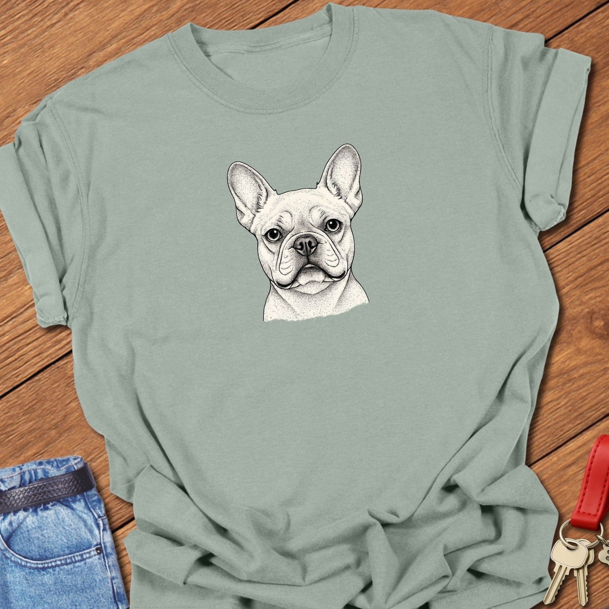 French bulldog line art portrait graphic printed on bay Comfort Colors t shirt.