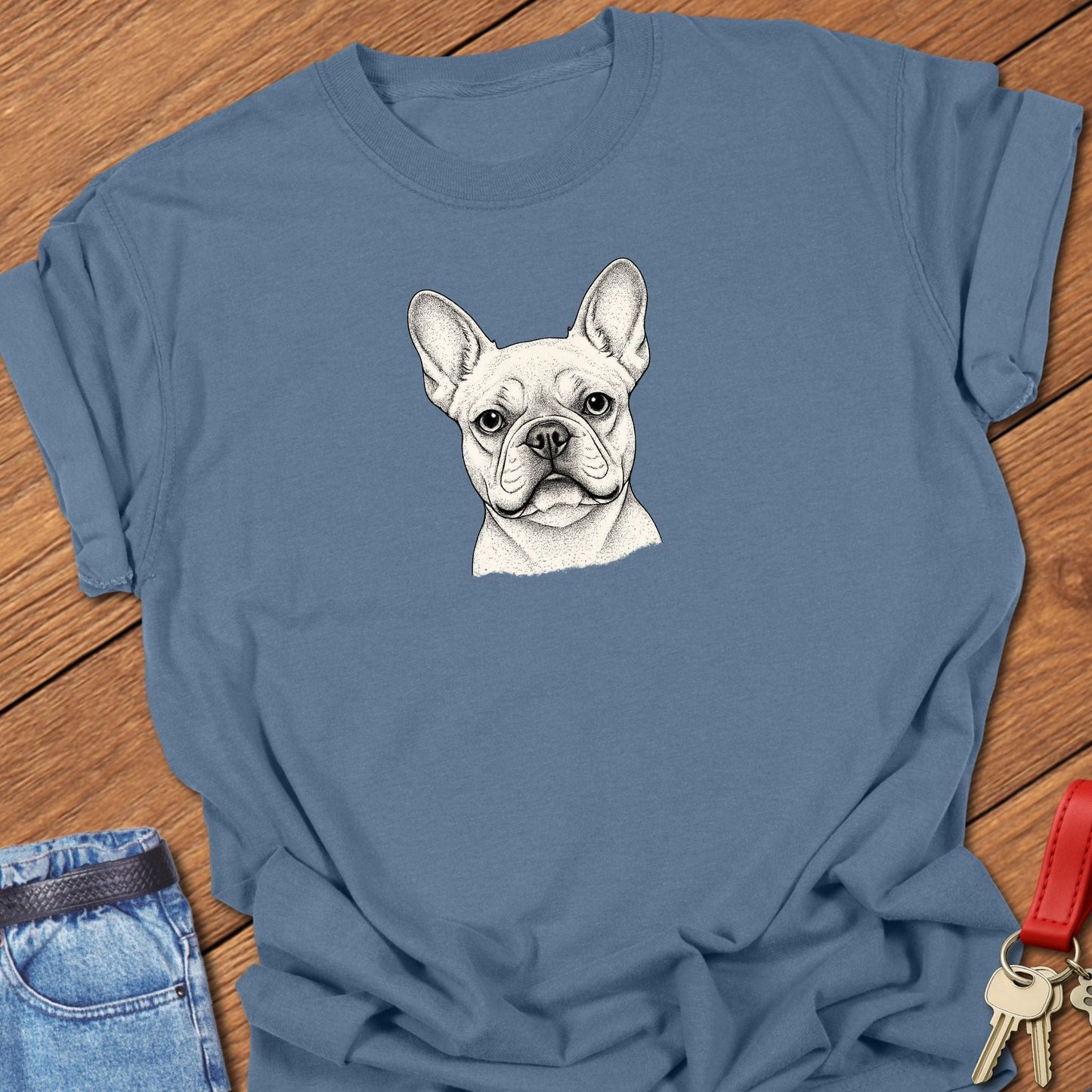 French bulldog line art portrait graphic printed on blue jean Comfort Colors t shirt.