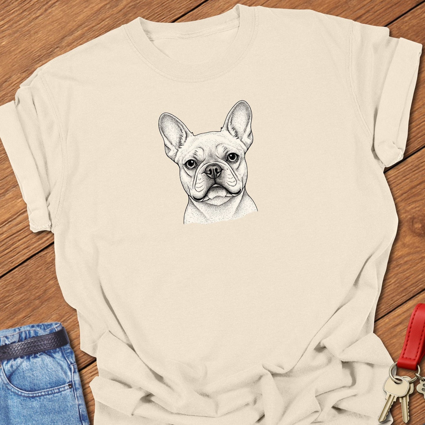 French bulldog line art portrait graphic printed on ivory Comfort Colors t shirt.