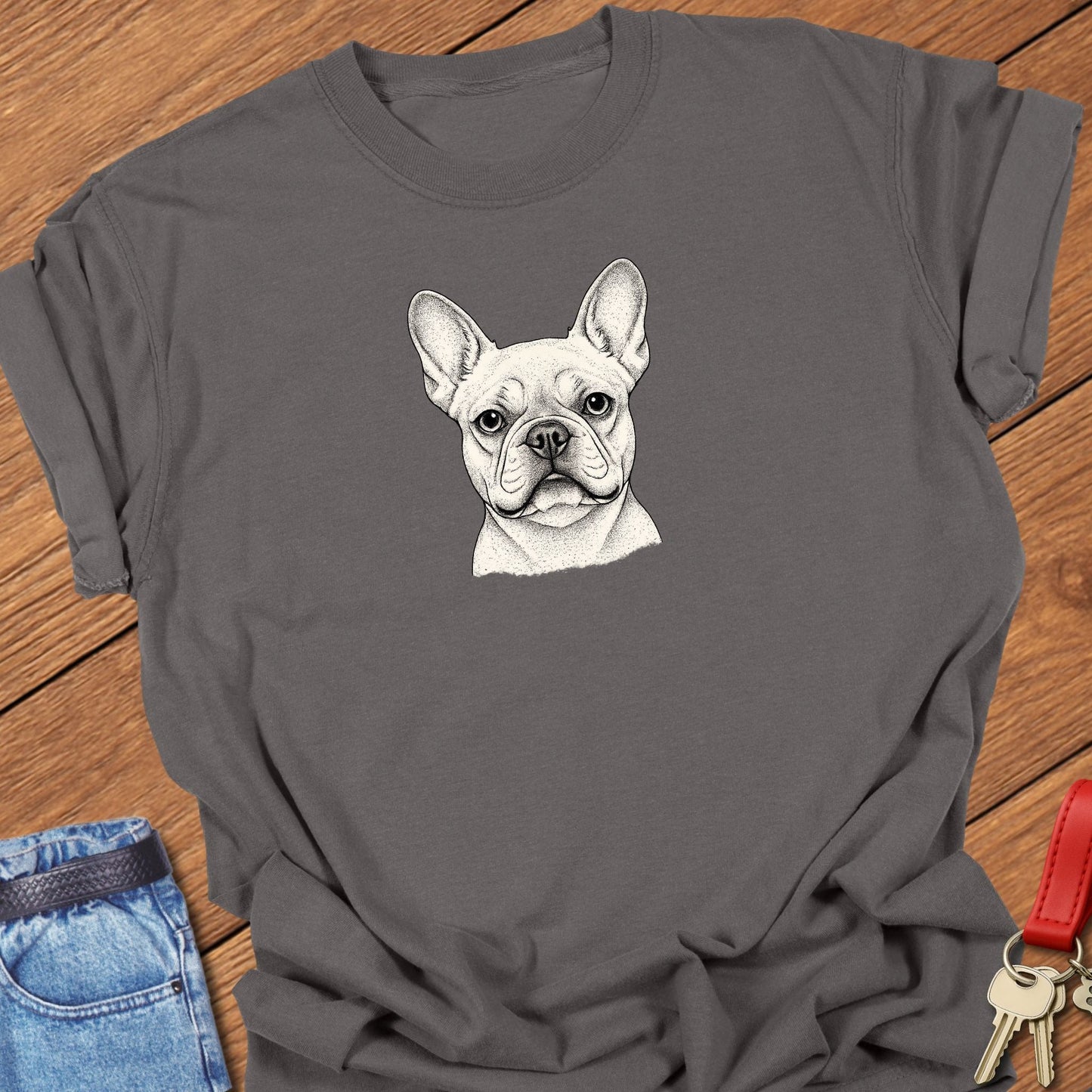 French bulldog line art portrait graphic printed on pepper Comfort Colors t shirt.