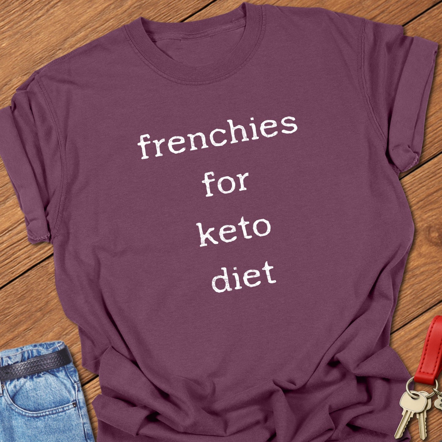 French bulldog keto diet quote typography with distressed stacked lettering printed on berry Comfort Colors t shirt