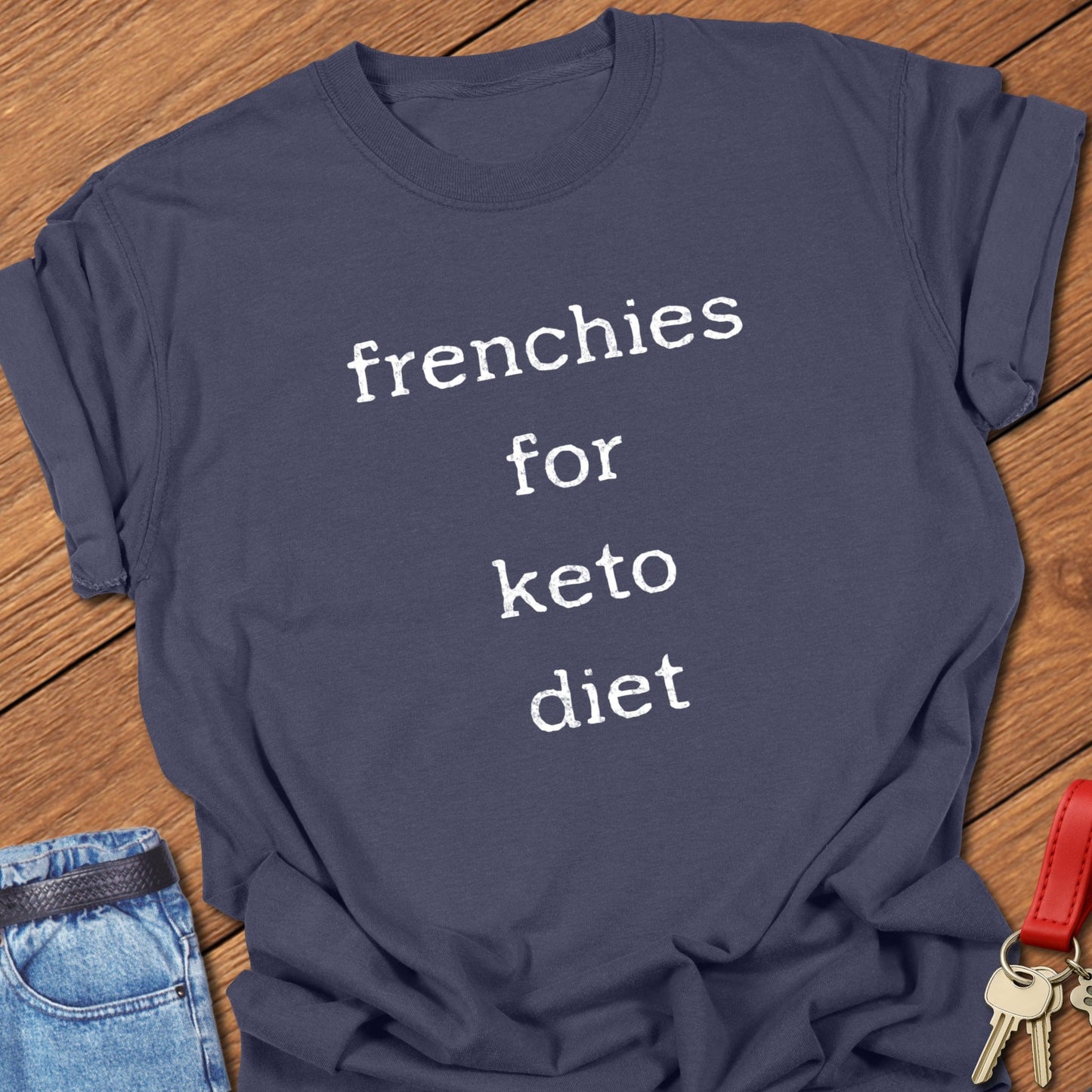 French bulldog keto diet quote typography with distressed stacked lettering printed on navy Comfort Colors t shirt
