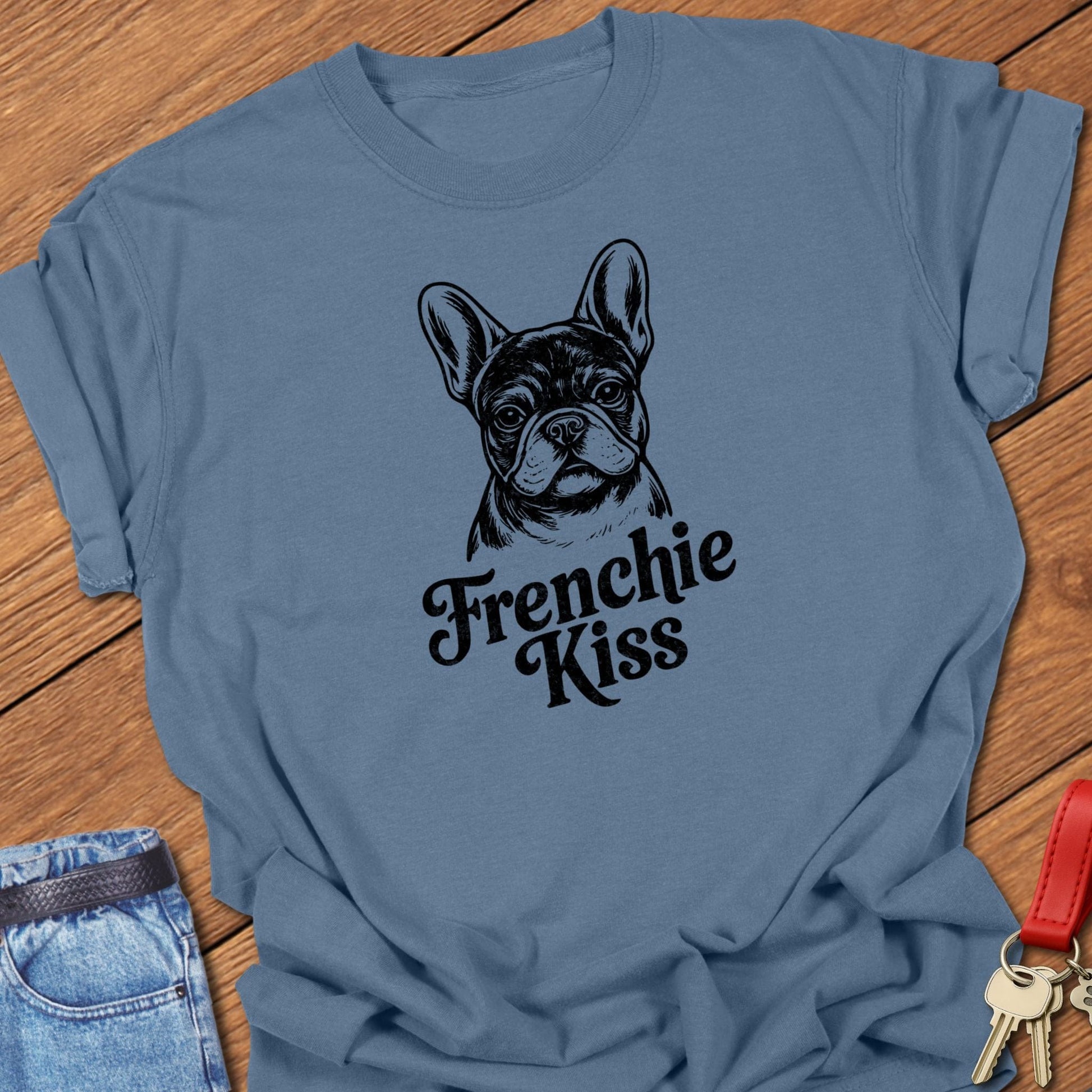 French bulldog frenchie kiss text and portrait graphic printed on blue jean Comfort Colors t shirt.
