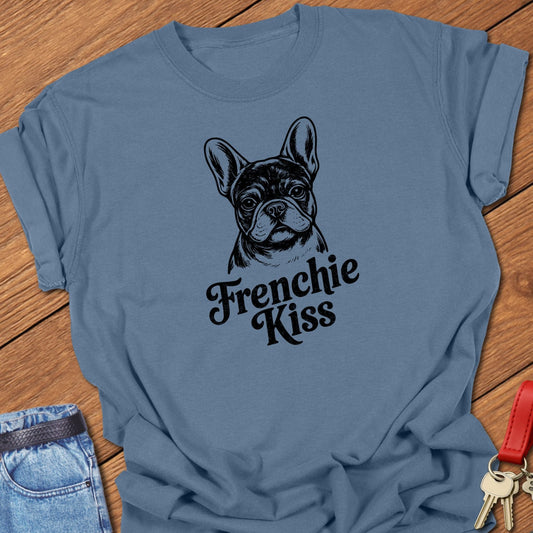 French bulldog frenchie kiss text and portrait graphic printed on blue jean Comfort Colors t shirt.