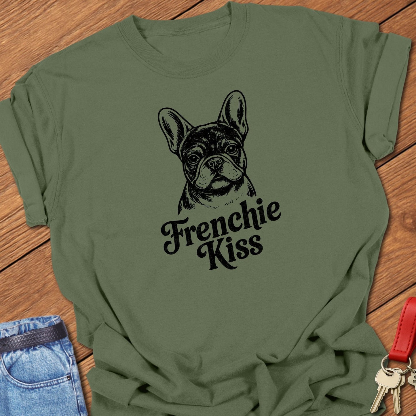 French bulldog frenchie kiss text and portrait graphic printed on espresso Comfort Colors t shirt.