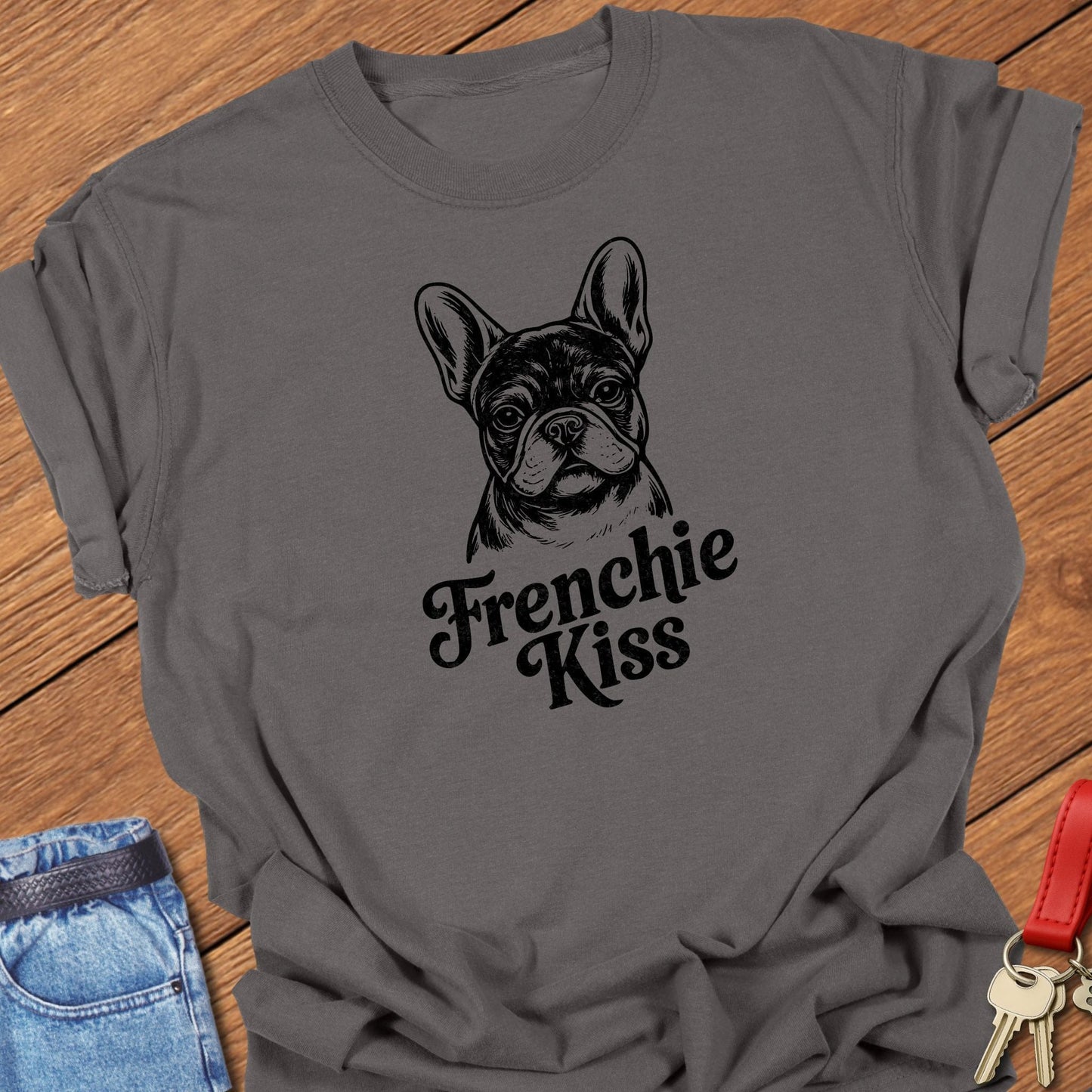 French bulldog frenchie kiss text and portrait graphic printed on moss Comfort Colors t shirt.