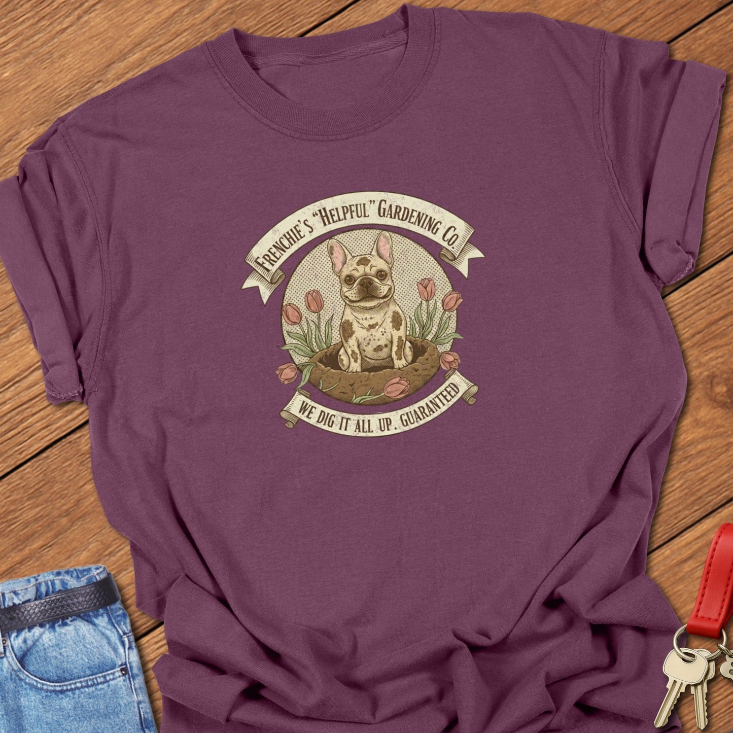 French bulldog vintage gardening logo illustration printed on berry Comfort Colors t shirt
