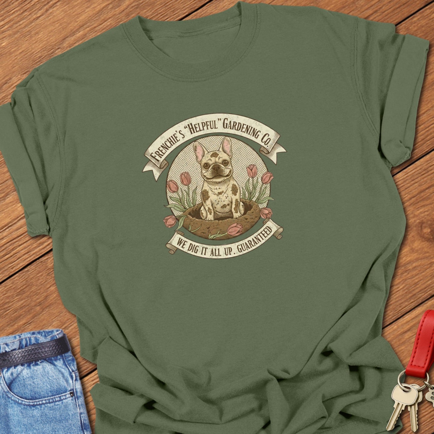 French bulldog vintage gardening logo illustration printed on moss Comfort Colors t shirt