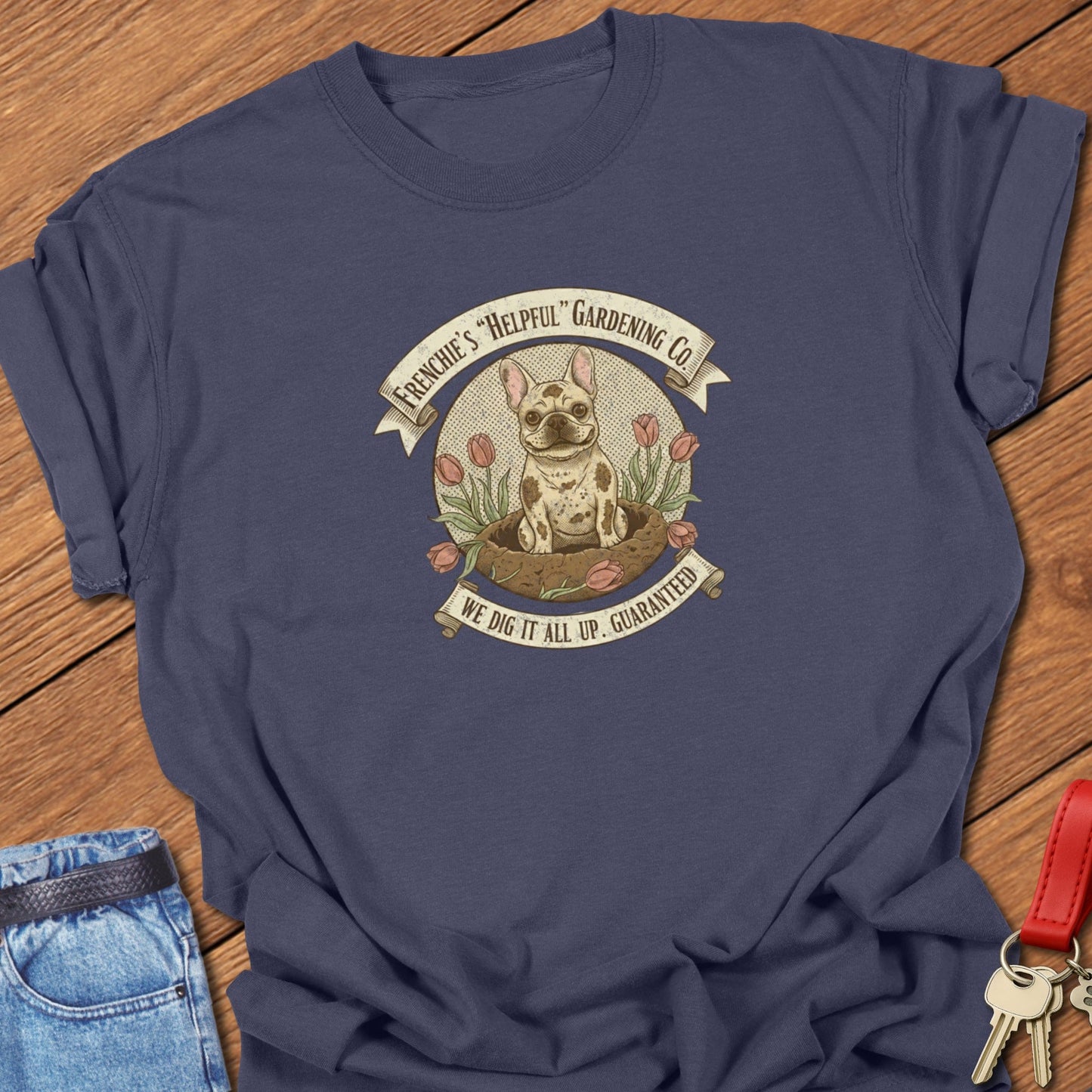 French bulldog vintage gardening logo illustration printed on navy Comfort Colors t shirt