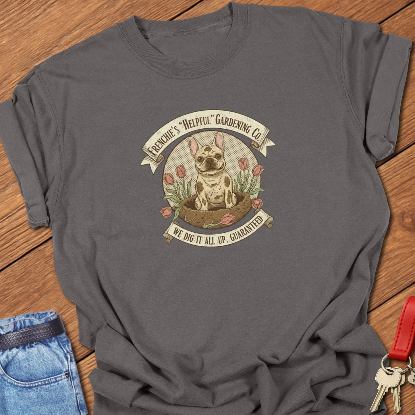 French bulldog vintage gardening logo illustration printed on pepper Comfort Colors t shirt
