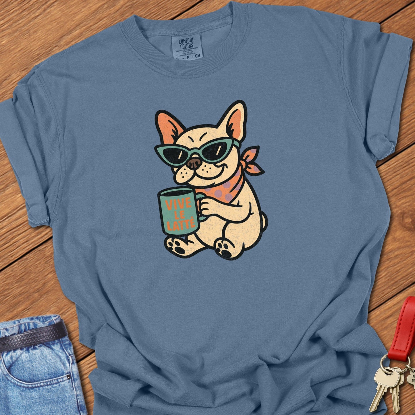 French bulldog coffee illustration with sunglasses and latte cup graphic printed on blue jean Comfort Colors t shirt