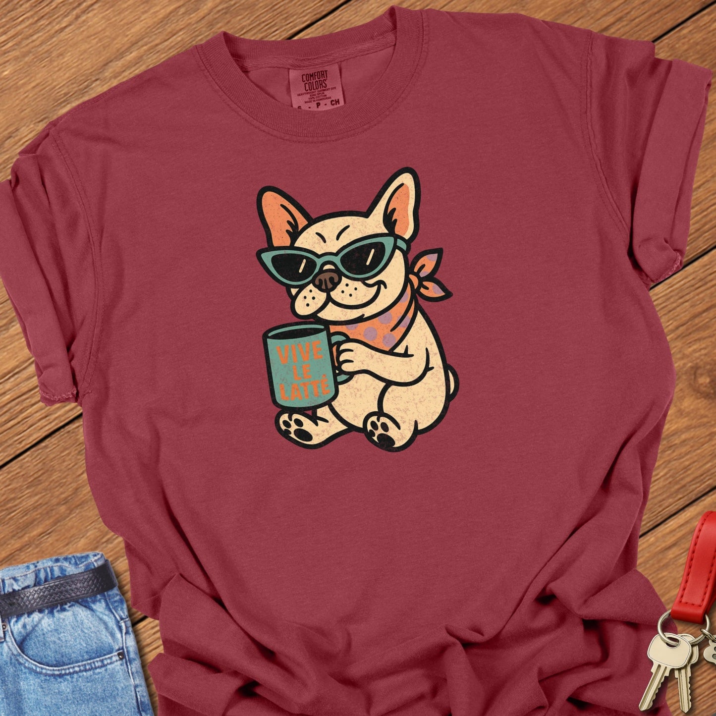 French bulldog coffee illustration with sunglasses and latte cup graphic printed on crimson Comfort Colors t shirt