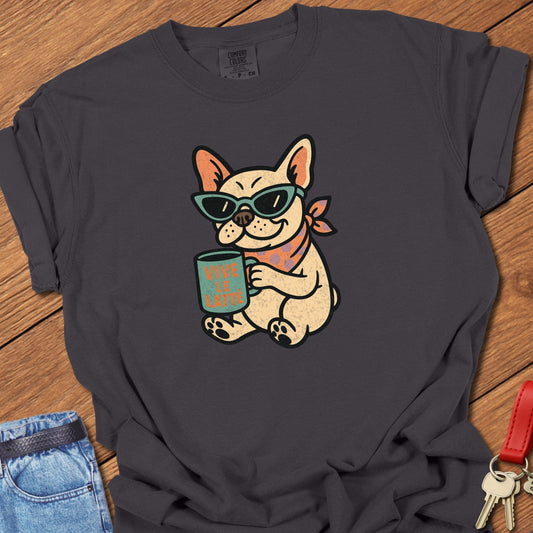 French bulldog coffee illustration with sunglasses and latte cup graphic printed on graphite Comfort Colors t shirt