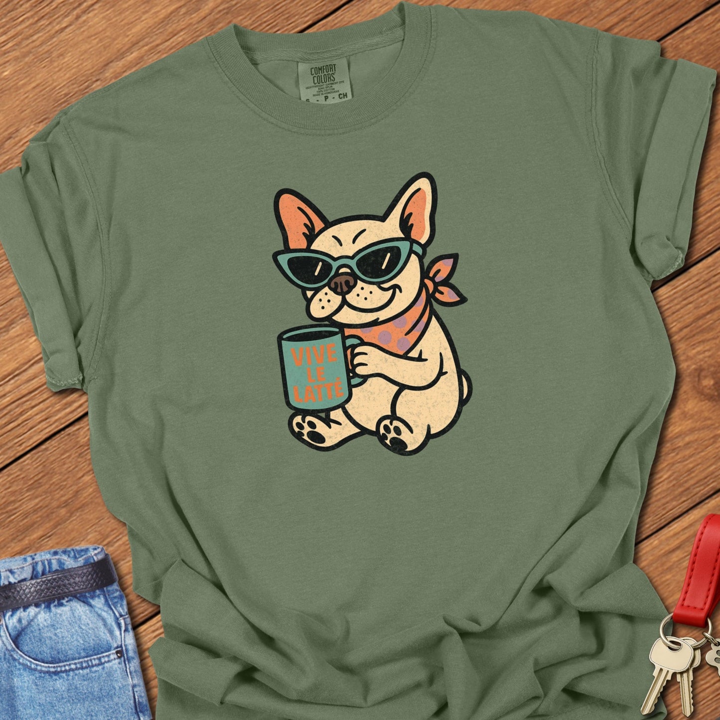 French bulldog coffee illustration with sunglasses and latte cup graphic printed on moss Comfort Colors t shirt