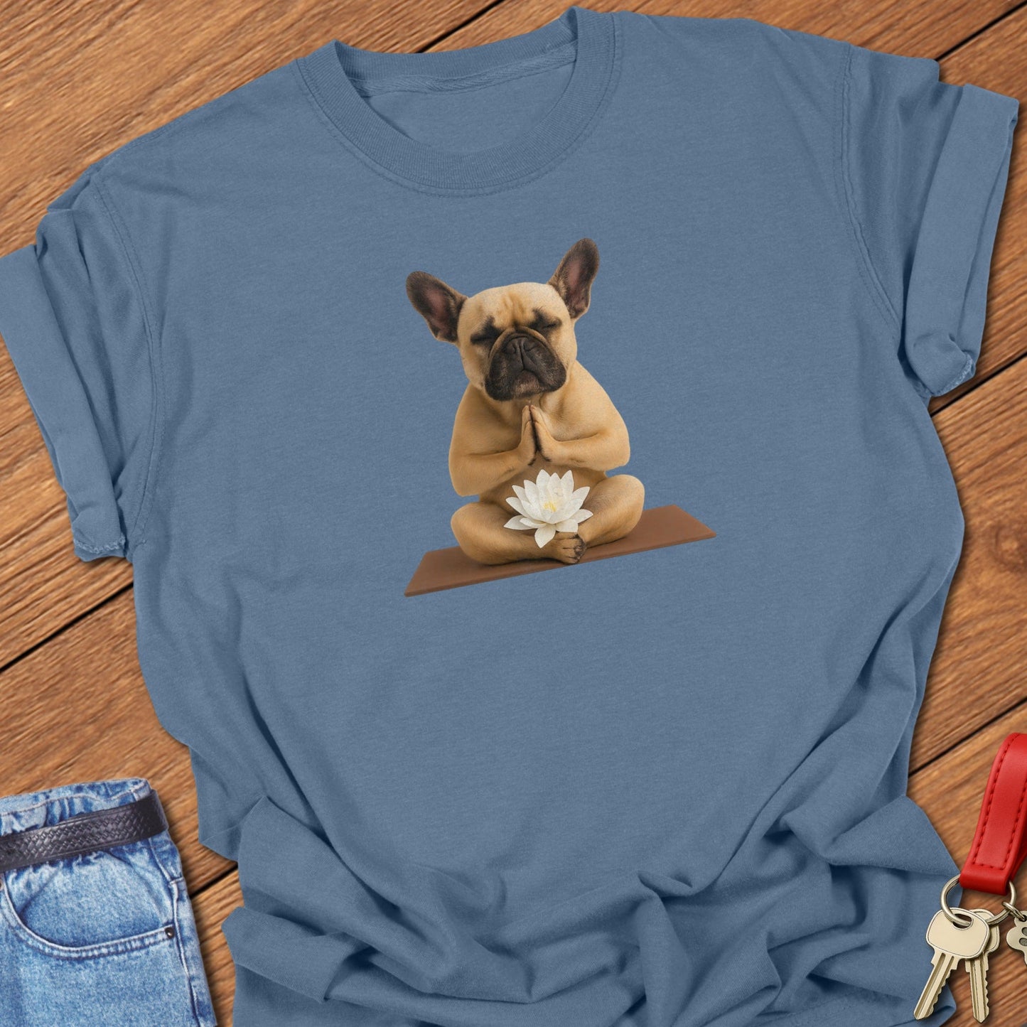 French bulldog yoga illustration printed on blue jean Comfort Colors t shirt